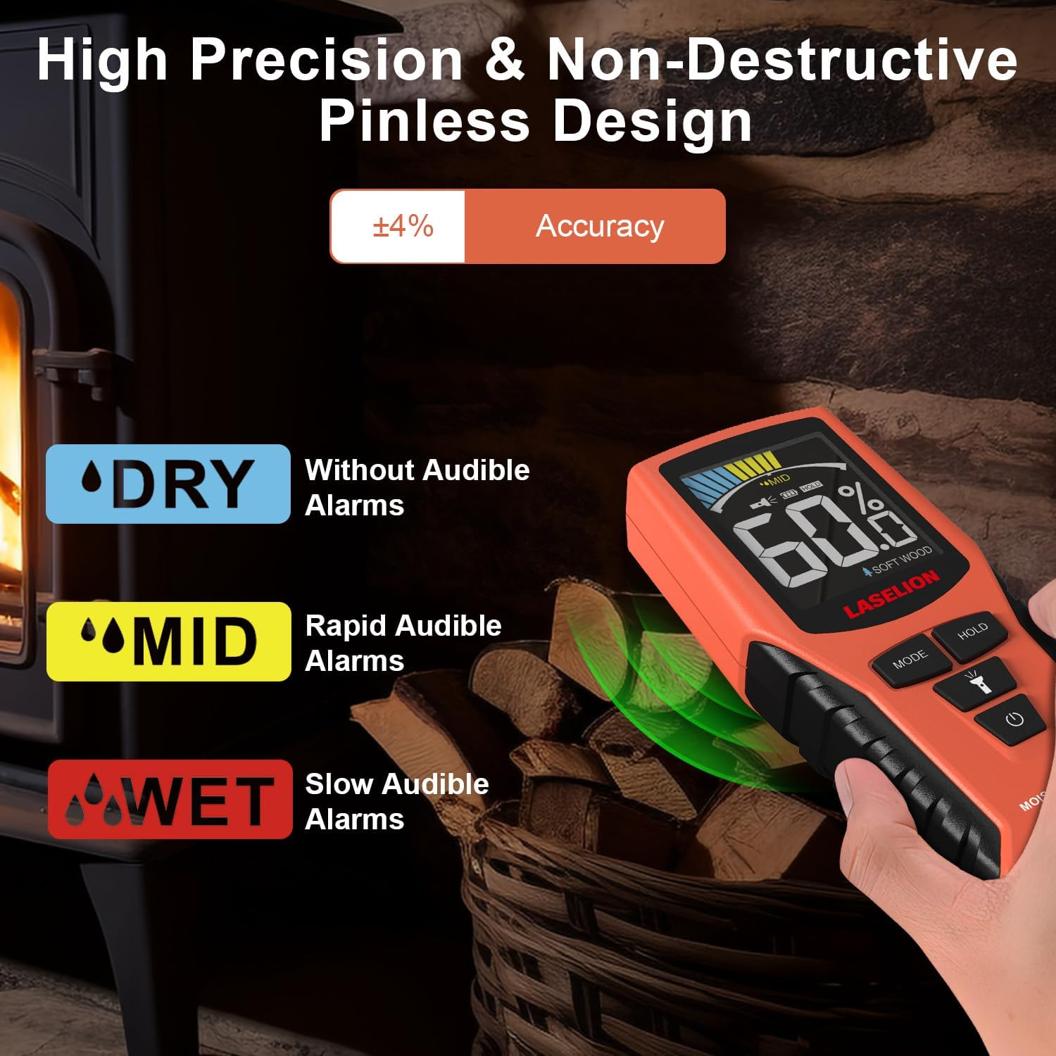 Pinless Moisture Meter MS02 Non-Destructive Wood Moisture Meter Detector with Large LCD Display, Batteries, 4 Modes for Wood, Firewood,Walls,Building Materials image number 5