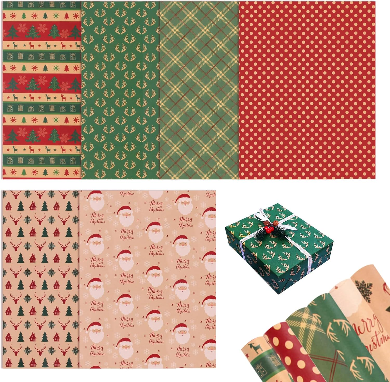 Xugoox 6 Sheet Christmas Wrapping Paper, Wrapping Paper, Brown Packaging Paper with String Sticker, Xmas Trees Gift Wrap for Christmas Holiday New Year Wedding Party Decor DIY Craft image number 4