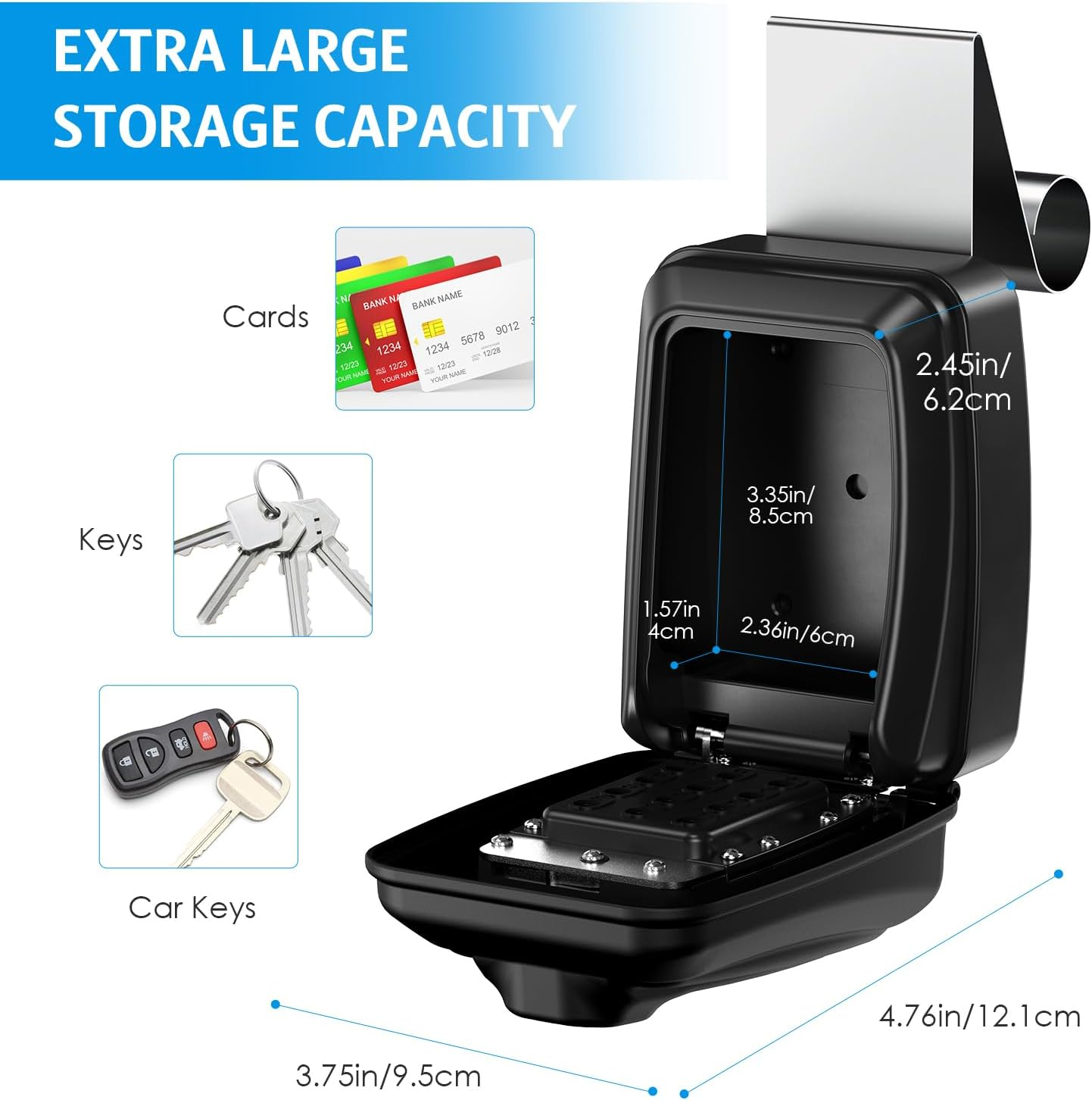 AMIR Car Window Lock Box, Portable Key Storage Lockbox Outdoor, Key Safe Wall Mounted with Resettable 12 Digit Code, Weatherproof, 2 Installation Methods, Key Lock for Car Rental,Home,Office-Black image number 6