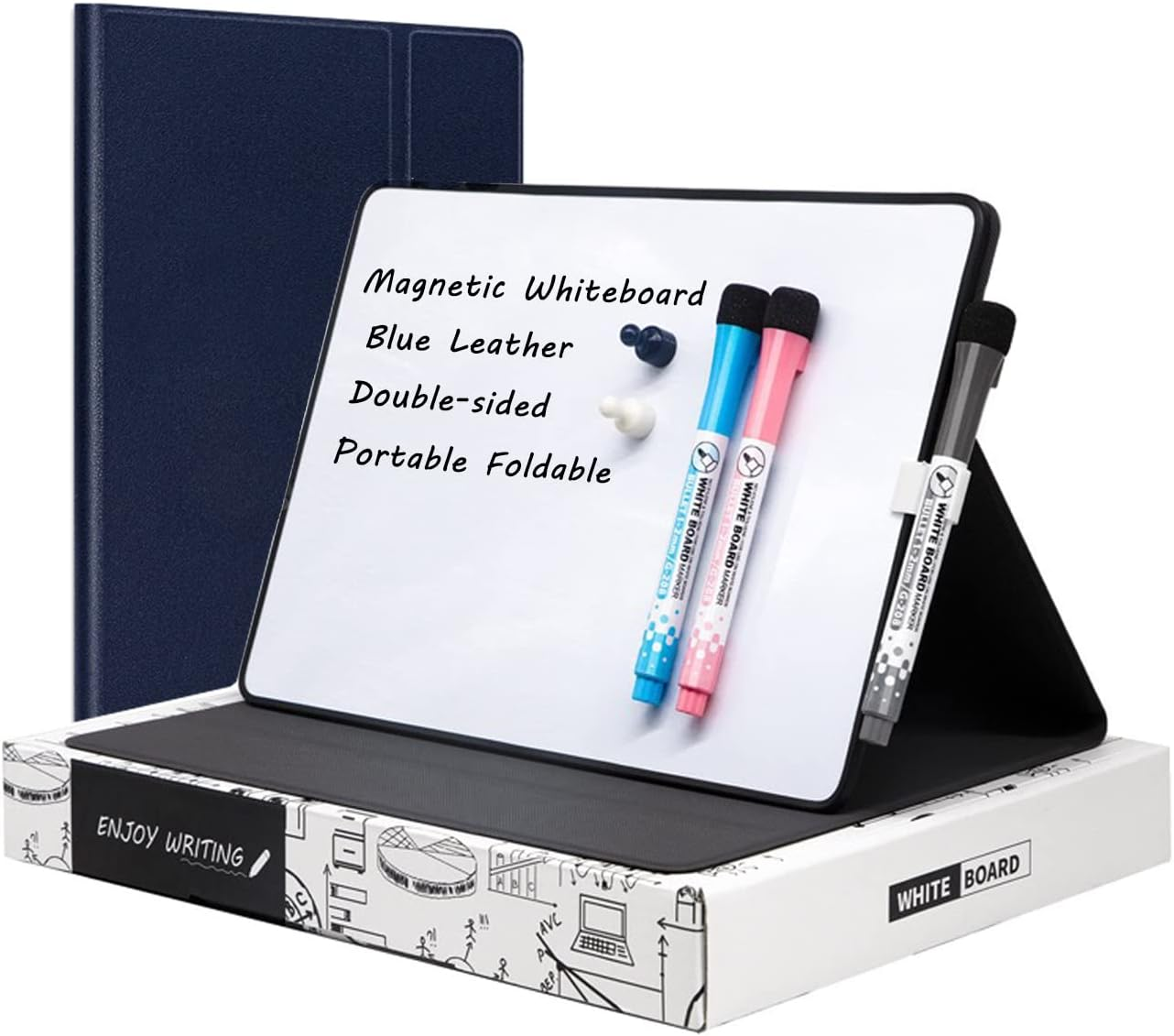 Aionue Desktop Dry Erase Small Whiteboard Portable A4 Blue Leather Whiteboard Desk White Board Mini Dry Erase Whiteboard Drawing Notice Boards for Home/Classroom/Office image number 1