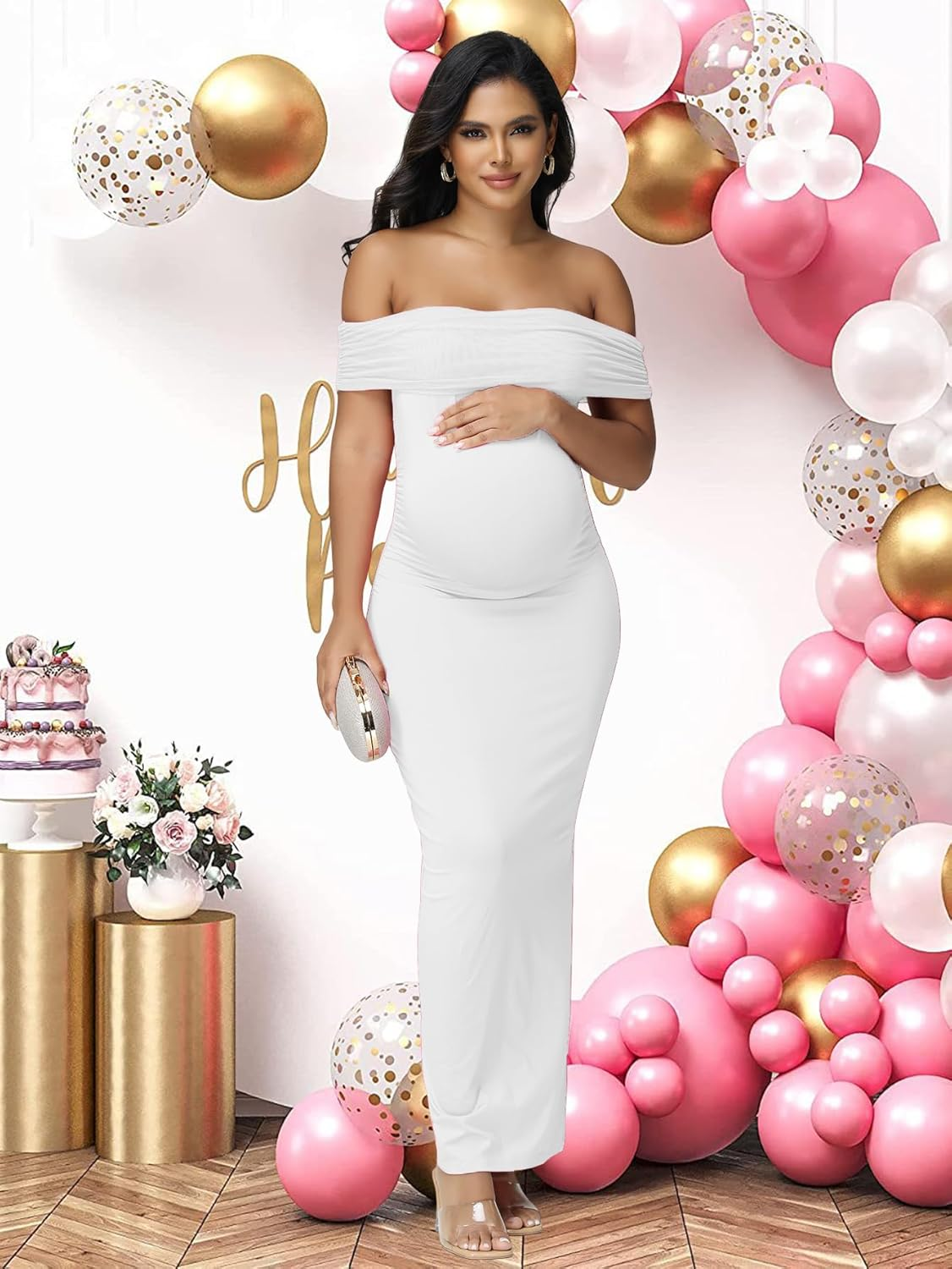 Justvh Women'S Maternity Mesh off Shoulder Sleeveless Split Party Midi Dress for Baby Shower Photoshoot Gown image number 2