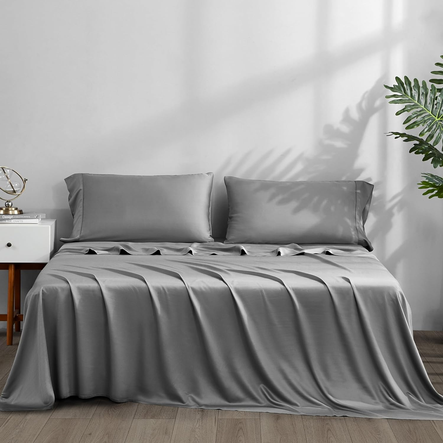 ACCURATEX Bamboo Sheets King Size- 100% Viscose Made from Bamboo, Luxury Hotel Style Cooling Sheet Set for Hot Sleepers, Super Soft Breathable Bedding Sheets up to 45 CM Deep Pockect,King Siz,Grey