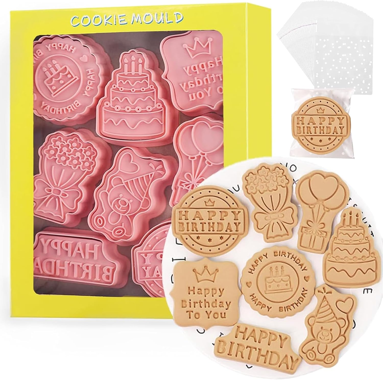 108Pcs Halloween Cookie Cutters Set, Including 8Pcs Biscuit Cutters and 100Pcs Clear Cookie Bags, Fun Baking Molding Cookie Baking Mould Plastic 3D Cookie Stamps Embossing Cutters for Biscuit