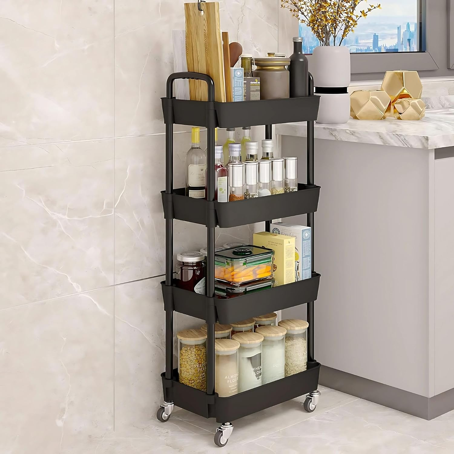 Opal Abode - 4-Layer Storage Trolley with Lockable Wheels &ndash; Slim Rolling Utility Cart Organizer for Kitchen, Bathroom, Office & Laundry &ndash; Mobile Storage Rack with 4 Tiers &ndash; Space Saving Shelf Unit. image number 6