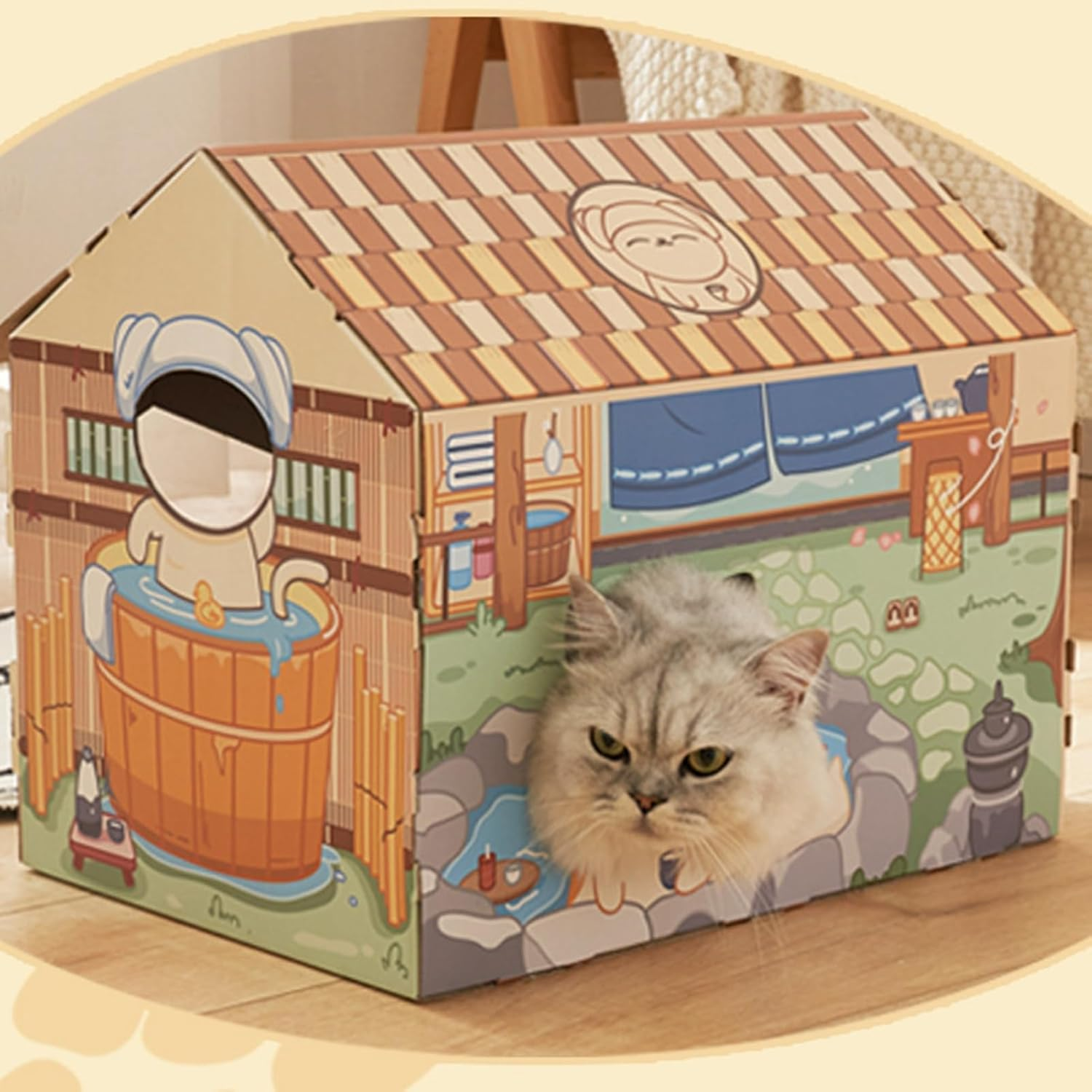 TITA-DONG Cardboard Cat House, Cat Scratching Box, Reversible Cat Playhouse, Recyclable Scratching Toy Made of Corrugated Cardboard, Durable Board Padding Prevent Damage to Furniture, Breathable