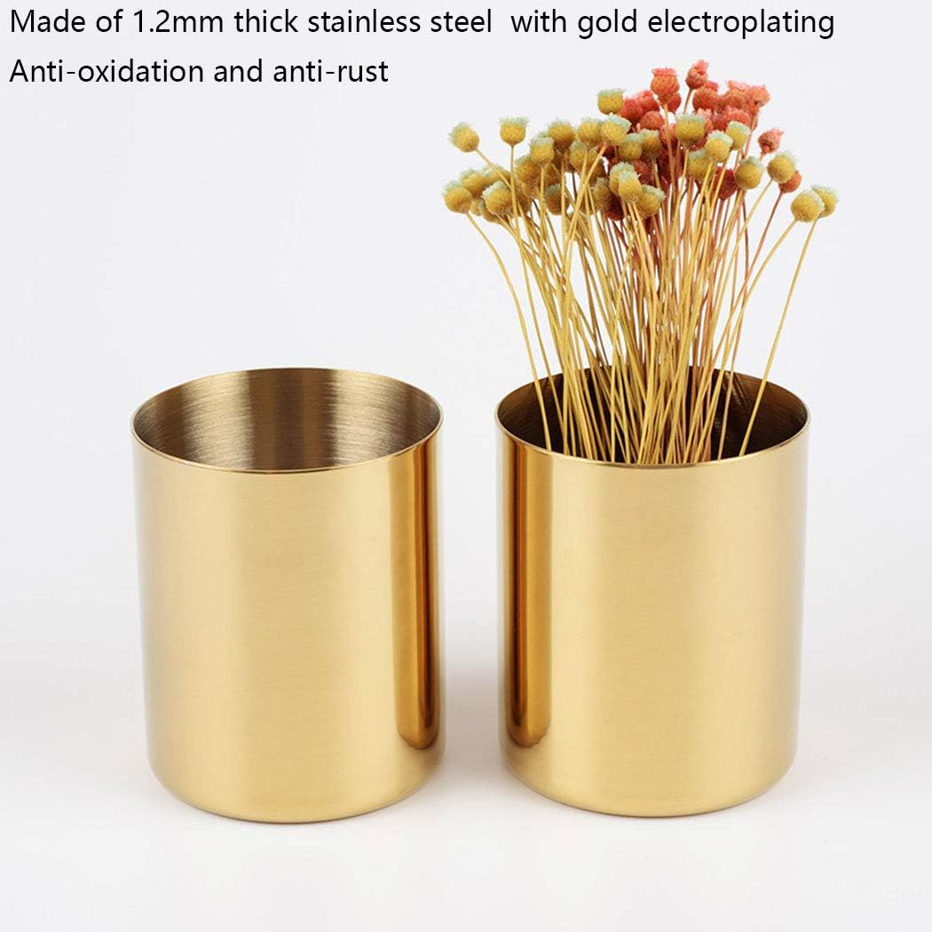 Pencil Cup Holder Desk Organizer, Gold Pen Pot Pen Holder Container Desktop Stationery Organizer Table Vases Flower Pot Makeup Brush Holder,Stainless Steel Gold