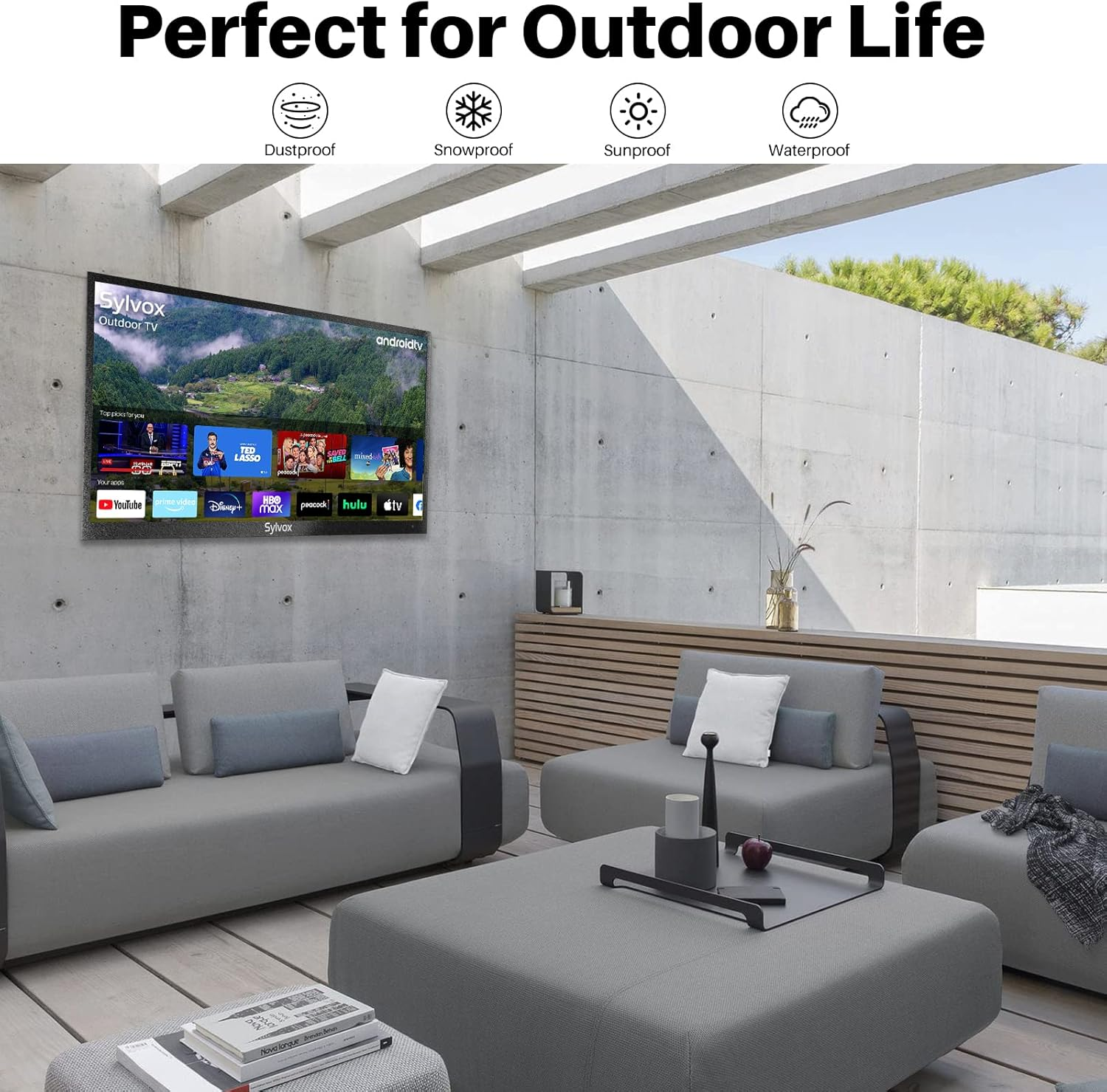 SYLVOX 65'' Outdoor TV, 4K UHD Built in Voice Assitant, Waterproof Smart Android TV Support Wifi Bluetooth, 1000Nits, TV for Partial Sun Area(Deck Pro Series, 2023) image number 4