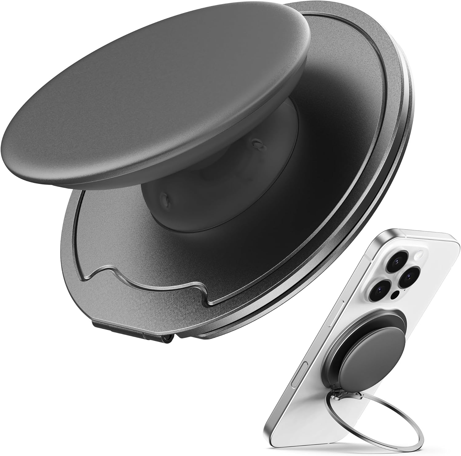 Sinjimoru for Magsafe Phone Grip &mdash; 3000G Magnetic Hold, Soft Silicone Comfort, Metal Plate Included, Iphone 17/16/15/14/13, M-Tap Tok Ring Stand Space Gray image number 2