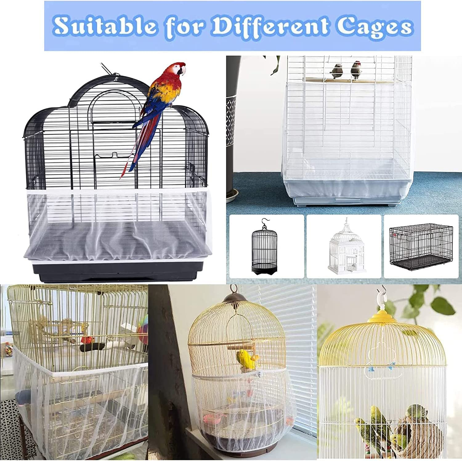 Bird Cage Cover,Bird Cage Seed Catcher,Nylon Mesh Protective Net,Stretchy Shell Skirt Style,Reusable,Washable,Ventilated and Dustproof (White L)