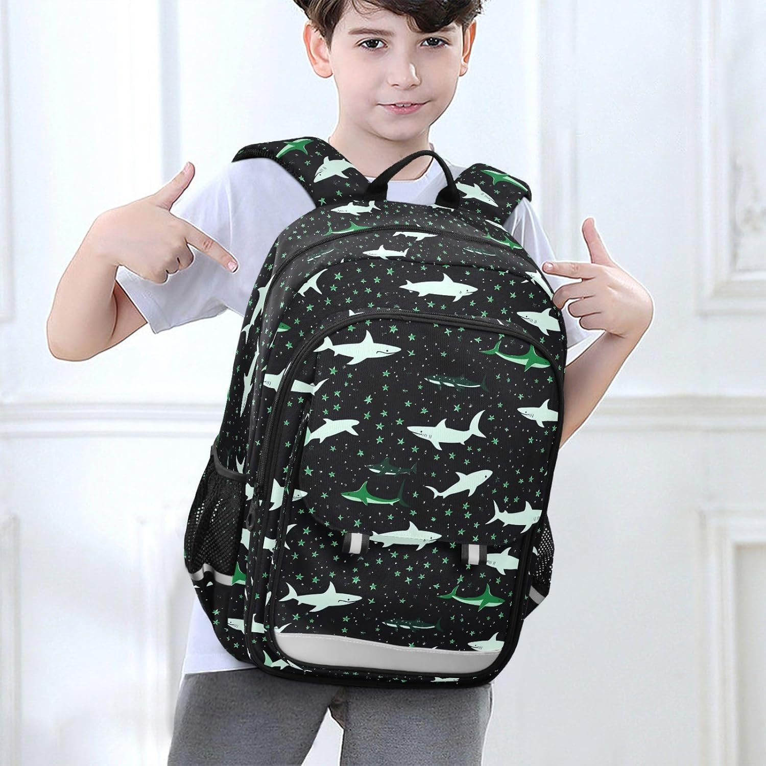 AIXIWAWA Green Sharks Kid'S Travel Backpacks for Boys Girls，Large Capacity Student School Bag with Breathable Mesh Reflective Strip for Age 6 Above, Multicolor image number 1
