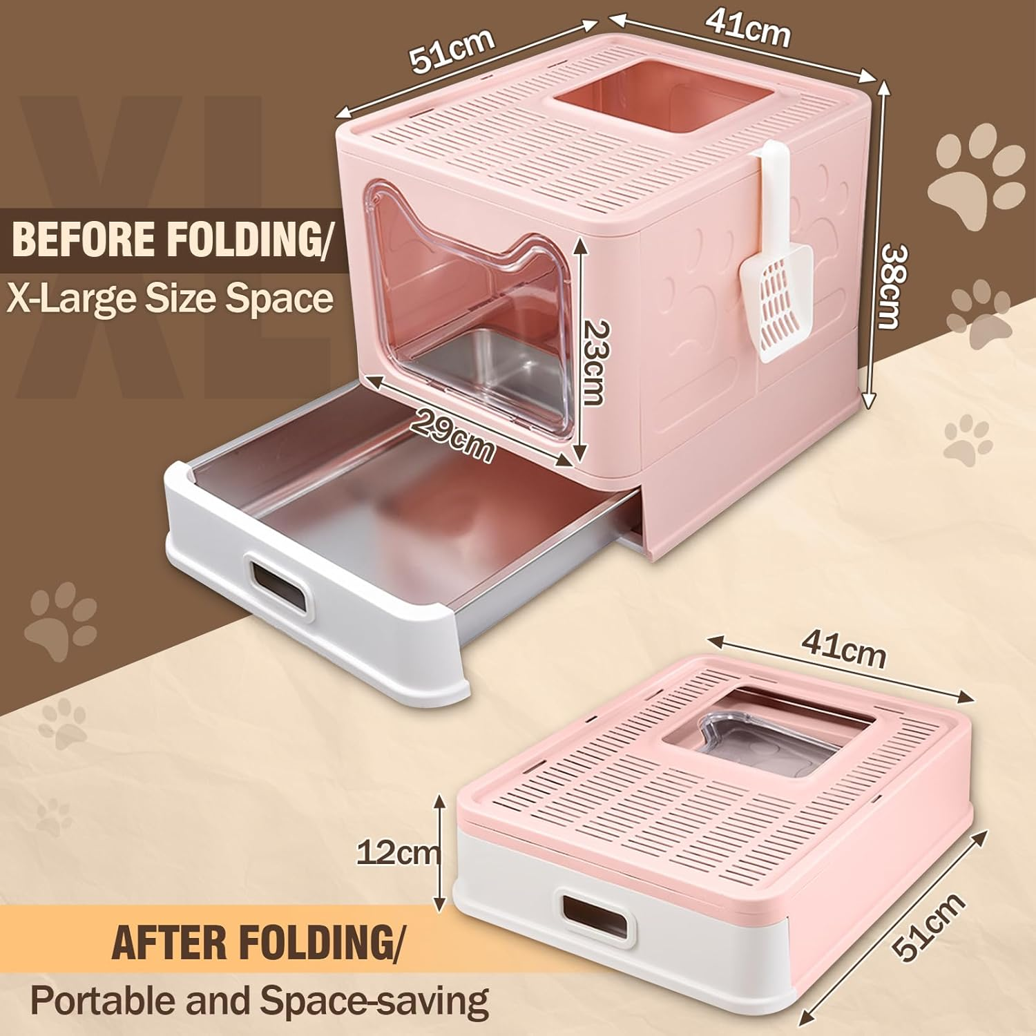 Amibud Covered Stainless Steel Cat Litter Box with Lid, Foldable Metal Enclosed XL Top Entry Kitty Litter Pan Tray with Scoop,Easy to Clean(Pink) image number 1