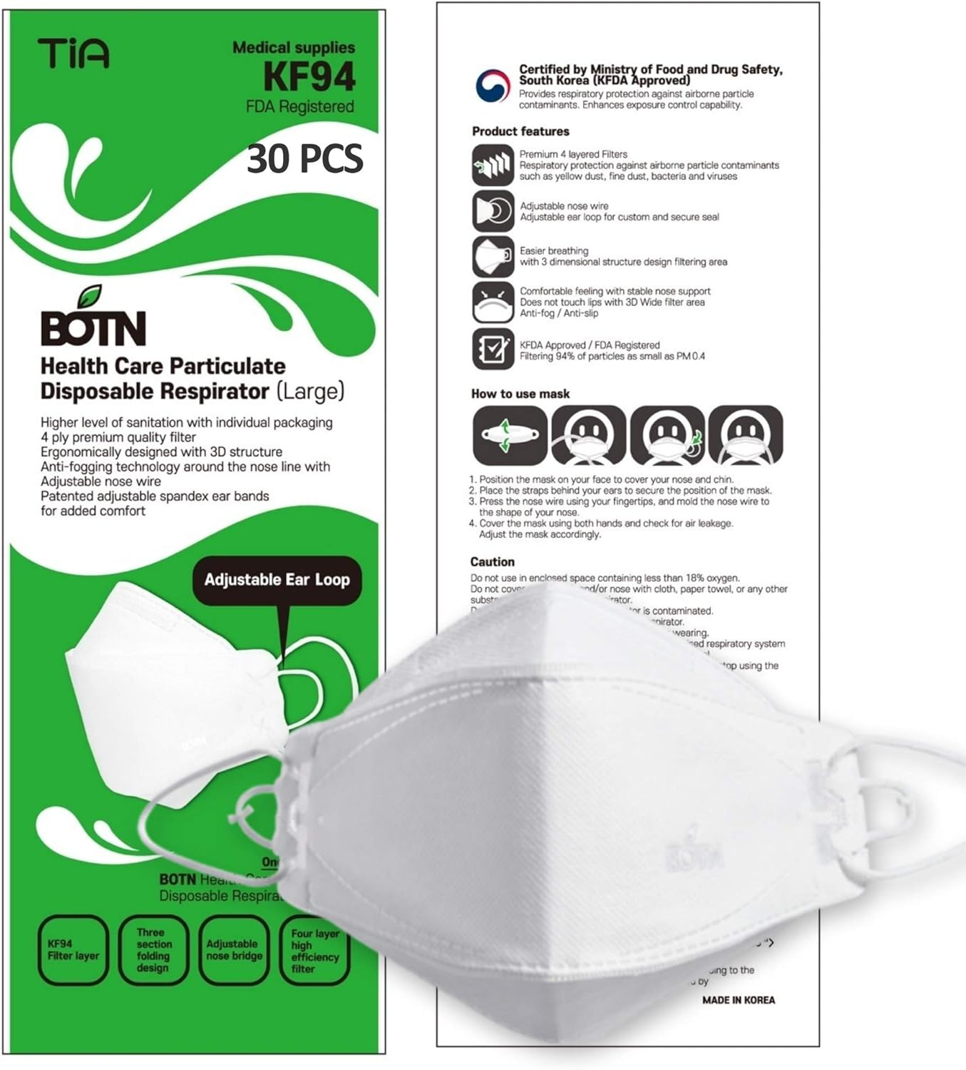 30Pcs [BOTN] KF94 Face Mask Made in Korea, White Color, Disposable KF94 Mask, White KF94 Masks, Adjustable Strap, 3D Shape Design. (30 Pack) image number 4
