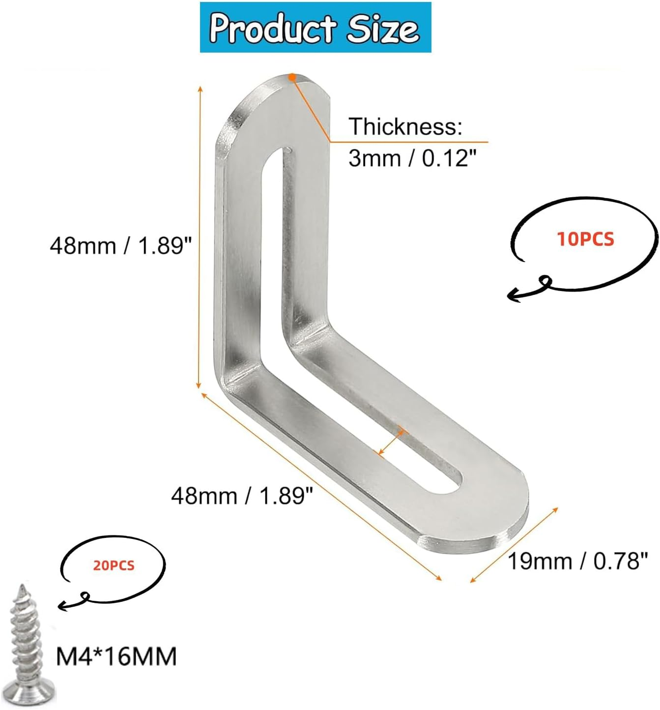 Yharnamite 10 Pcs Adjustable L-Shape Corner Brace with 20 Pcs Screwst, Shelf Bracket, Heavy Duty 90 Degree Corner Fastener Brace Support Stainless Steel Right Angle Fixer for Wood Furniture (Silver) image number 3