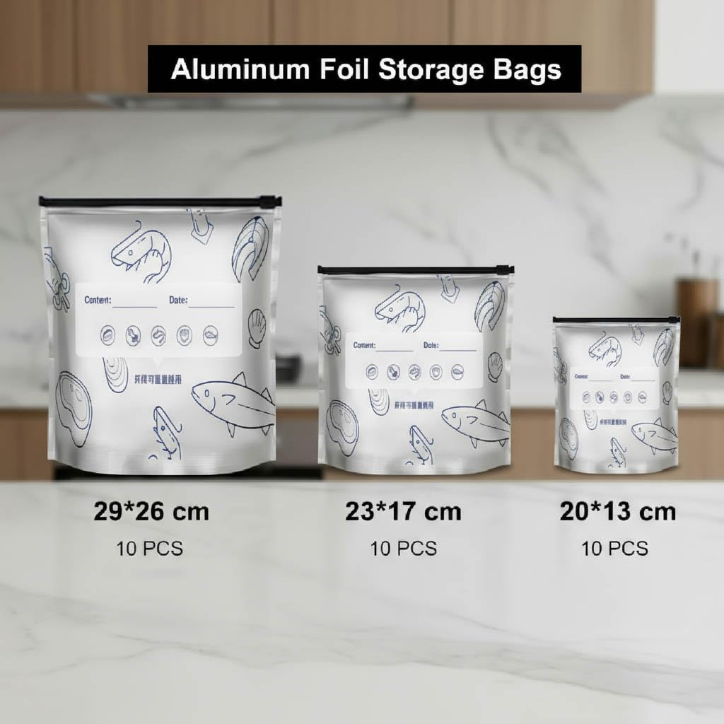 Pack of 30 Reusable Storage Bags, Airtight Cooler Bags, Aluminium Preservation Bags, with Zipper, for Storing Biscuits, Sweets, Fruits, Vegetables and Meat image number 5
