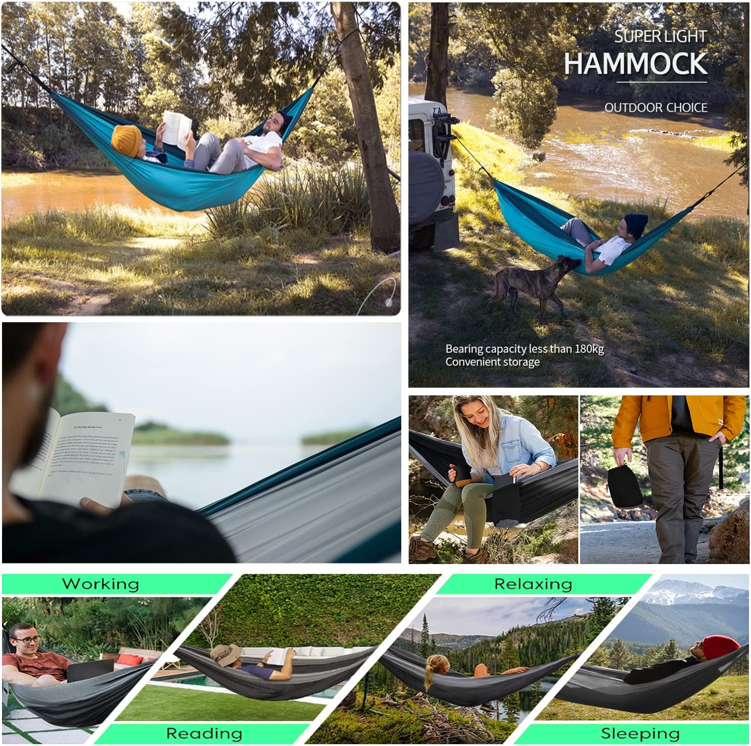 Hammock Camping, Portable Single/Double Hammocks for Outdoor Hiking Travel Backpacking - 210D Nylon Hammock Swing for Backyard & Garden (Green/Khaki) image number 3