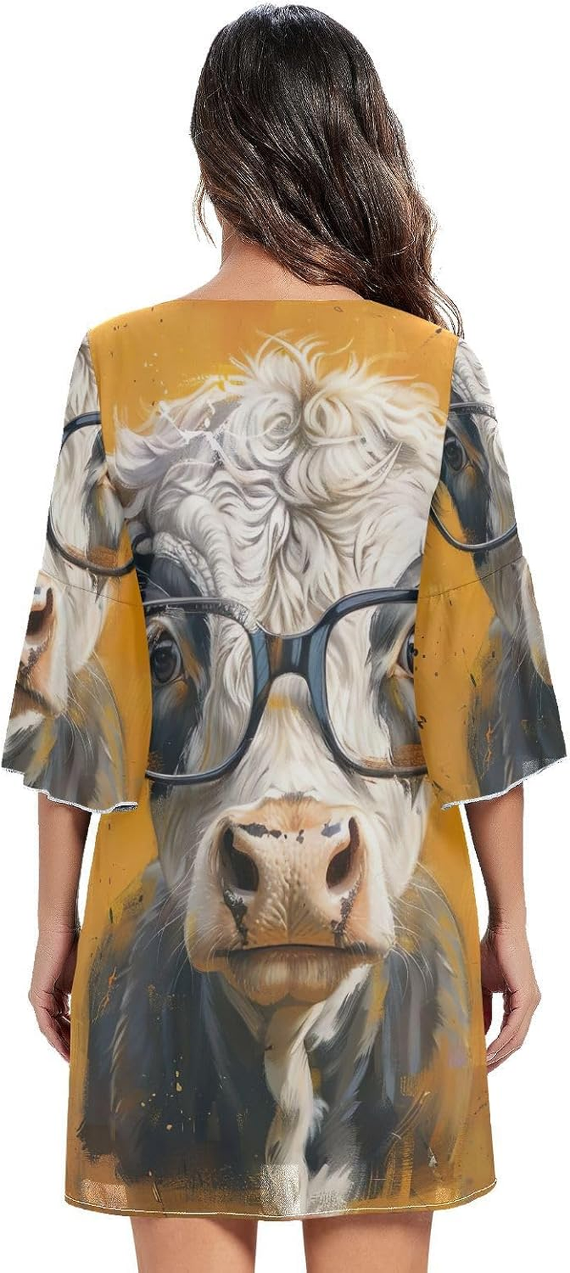 Highland Cow Yellow Chiffon V Neck Dress Printed Line Maternity Dress S-XXL