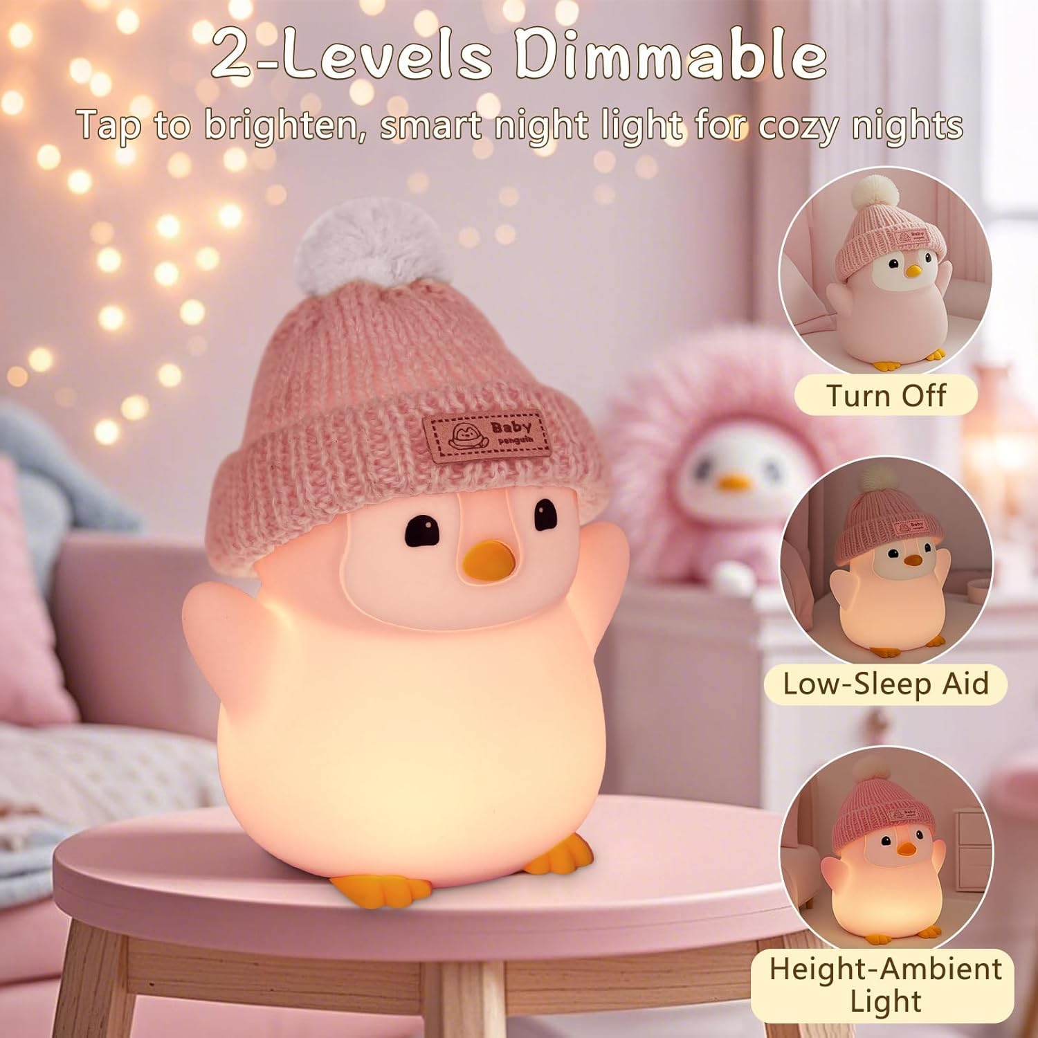 FAMIDUO Penguin Night Light, Cute Pink Penguin Lamp with Knit Hat, Soft Silicone Nursery Nightlight for Baby, Rechargeable/Dimmable/Timer,Led Squishy Novelty Animal Bedside Lamp,Funny Gifts for Kids image number 1