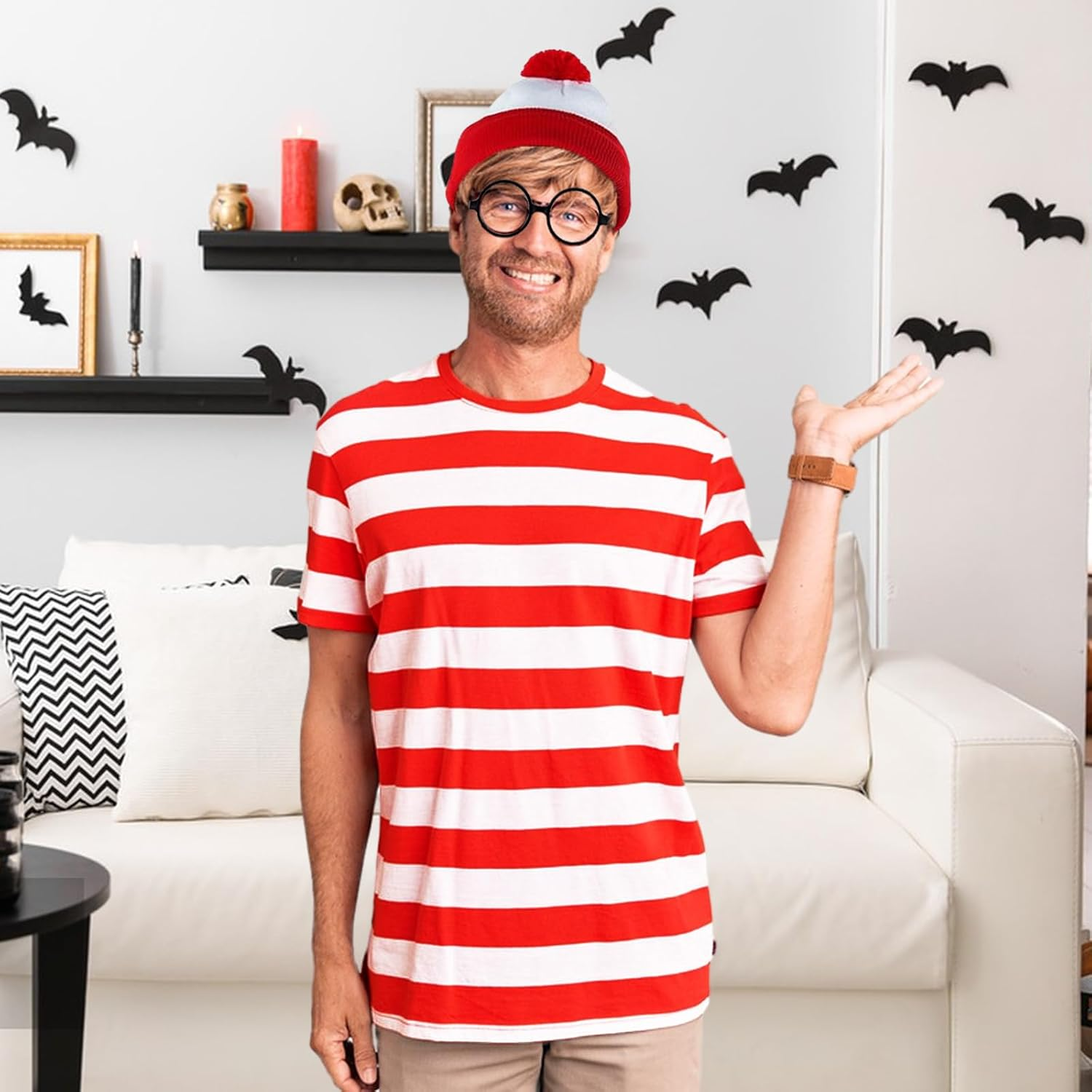 Wally Costume Cosplay Accessories Set with Red and White Striped T-Shirt, Beanie Hat, Black Nerd Glasses Fancy Dress for Adult, Kids World Book Day, Halloween，School Dress up Day