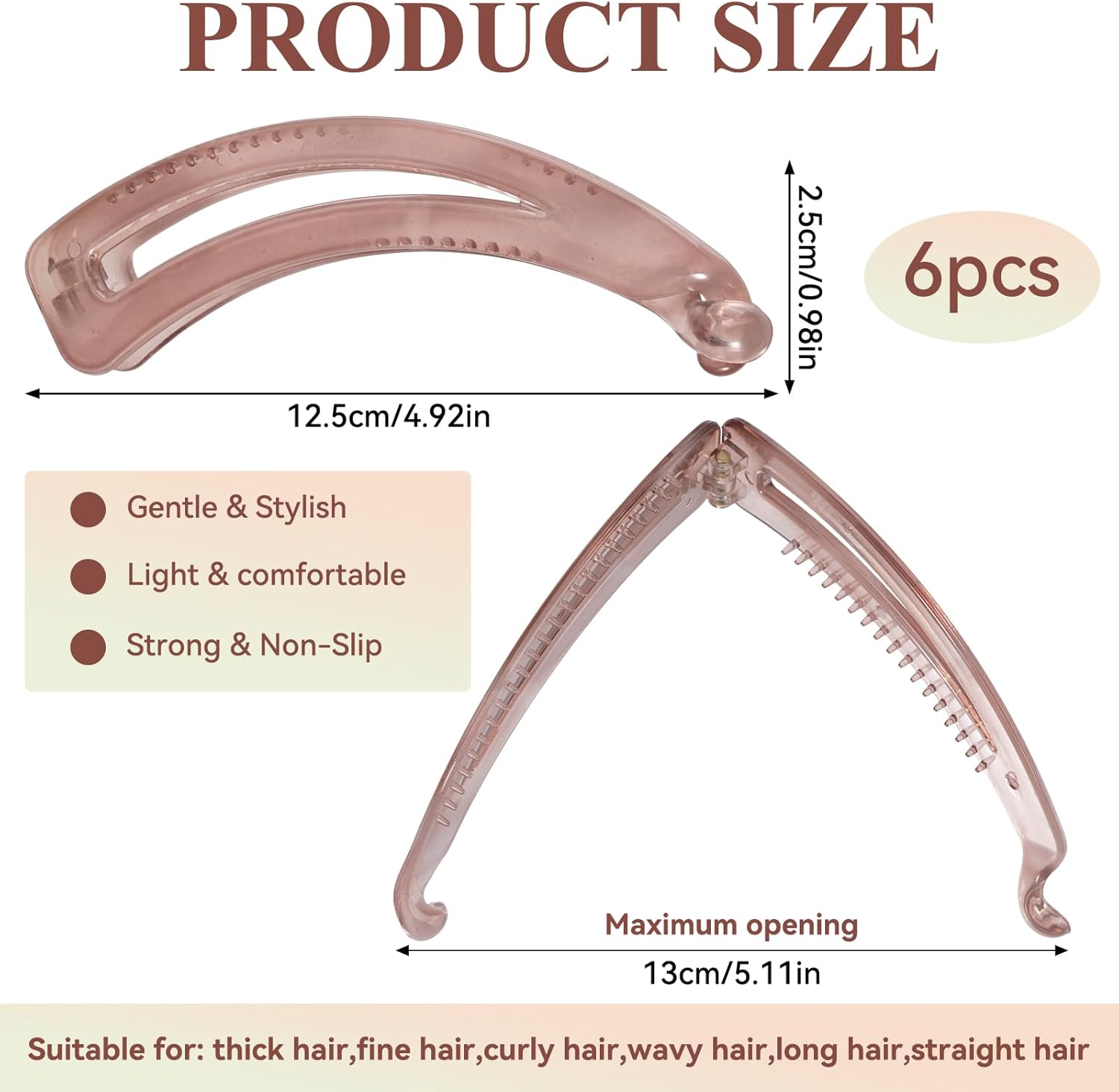 Pack of 6 Large Banana Hair Clips, Vintage Banana Hair Clips, Ponytail Hair Clip, Non-Slip Leopard Hair Clip, Hair Clips for Women, Girls, Thick Medium Hair image number 3