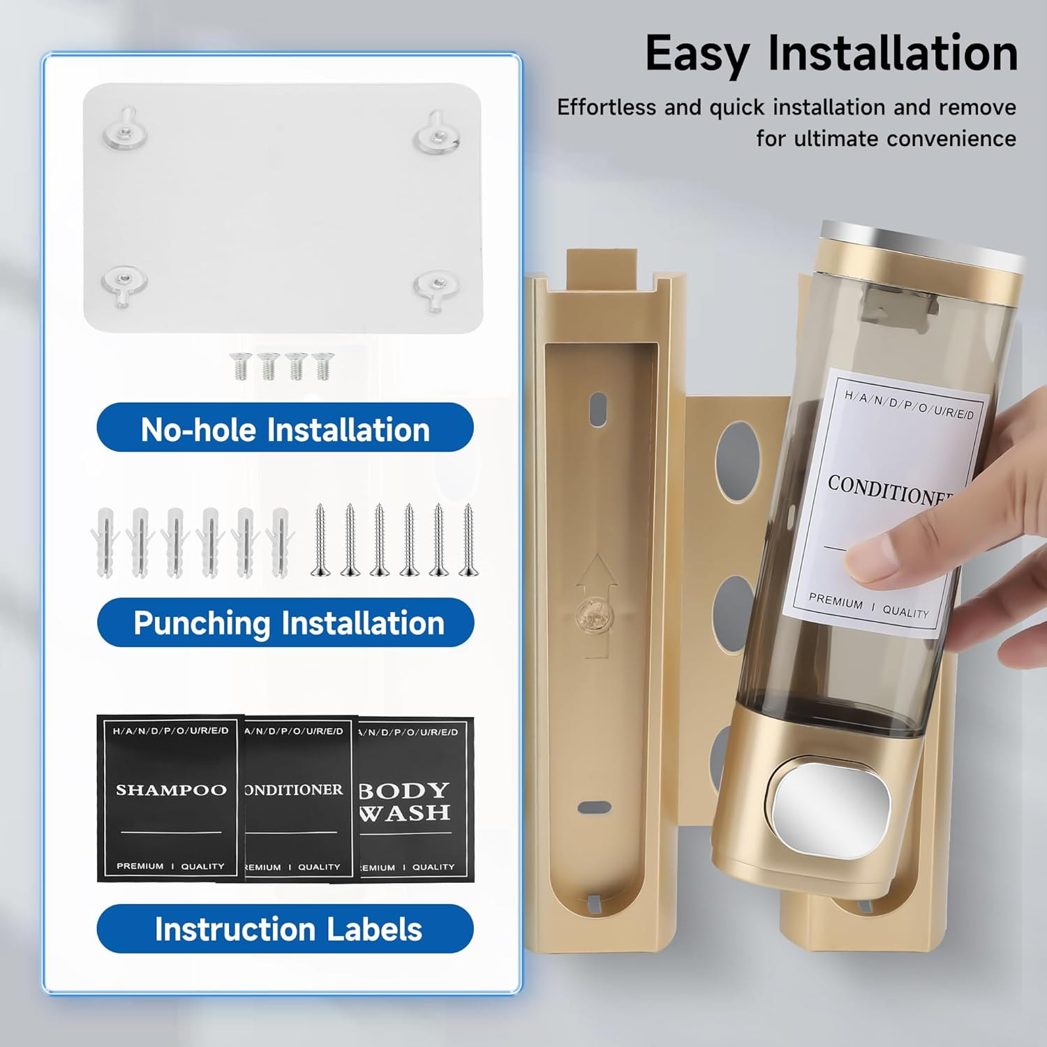 MEKOTRIN Soap Bathroom Shower Dispenser 3&times;300Ml Chamber Liquid Soap Lotion Gel Label Lock Wall Mounted Dispenser 5 Colors(Gold) - Gold image number 5