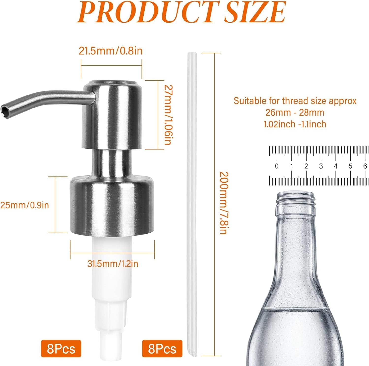 MLUOTALY 8Pcs Soap Dispenser Pump Head, Stainless Steel Soap Dispenser Pump Head with Hoses for 26-28 Mm Thread Bottle Soap Dispenser, Replacement Pump for Kitchen Bathroom, Silver image number 5