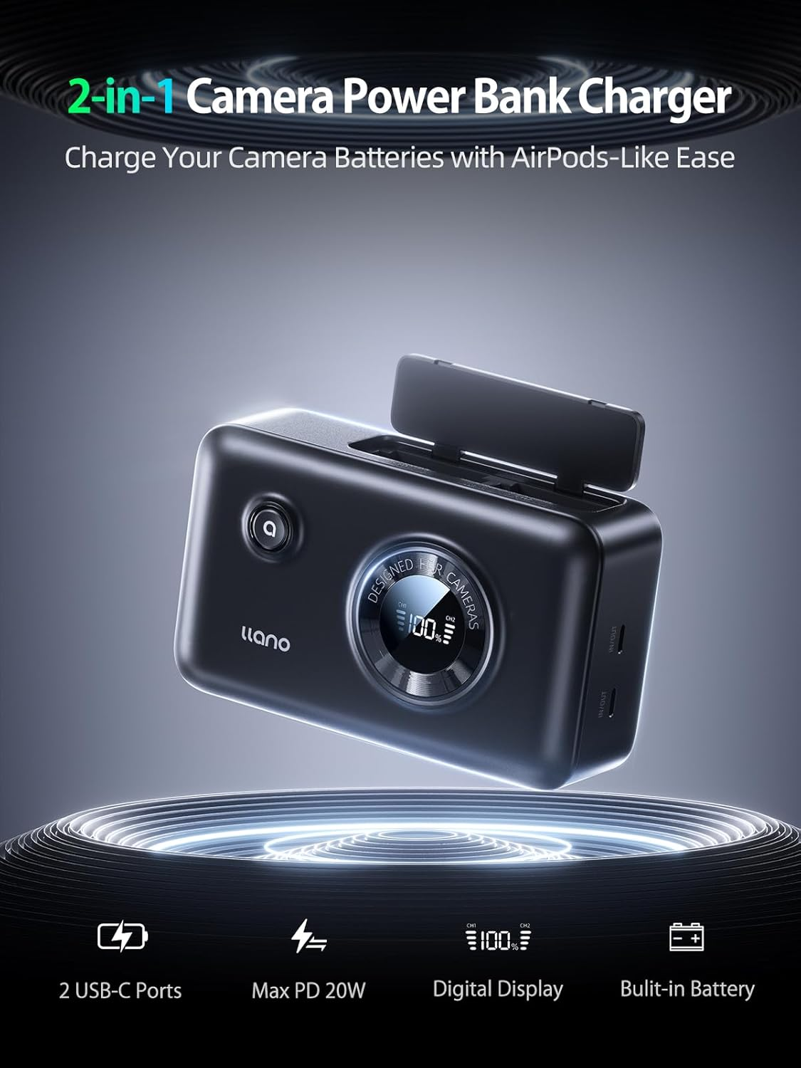 Llano 2-In-1 NP-FZ100 Fast Camera Dual Battery Portable Charger for Sony A7Iii, A7R IV, A7R V, Alpha A7C, A9/A9S, A6600, FX3, ZV-E10 II, 12400Mah Built-In 20W USB C Power Bank,Smart Digital Display image number 3