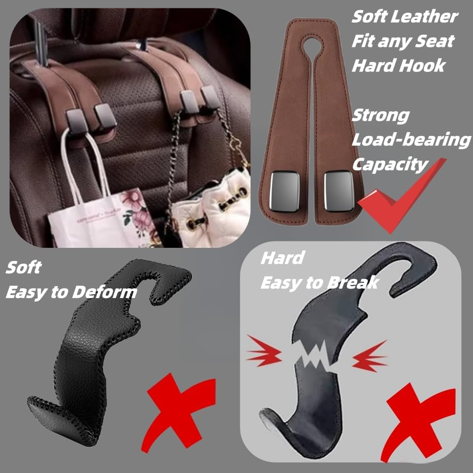 Car Seat Back Double Hook - Suede Hook, Upgraded 2 in 1 Purse Hook, Universal Hidden Multifunctional Headrest Hooks for Car, Home (Brown, 2Pcs) - Brown image number 3