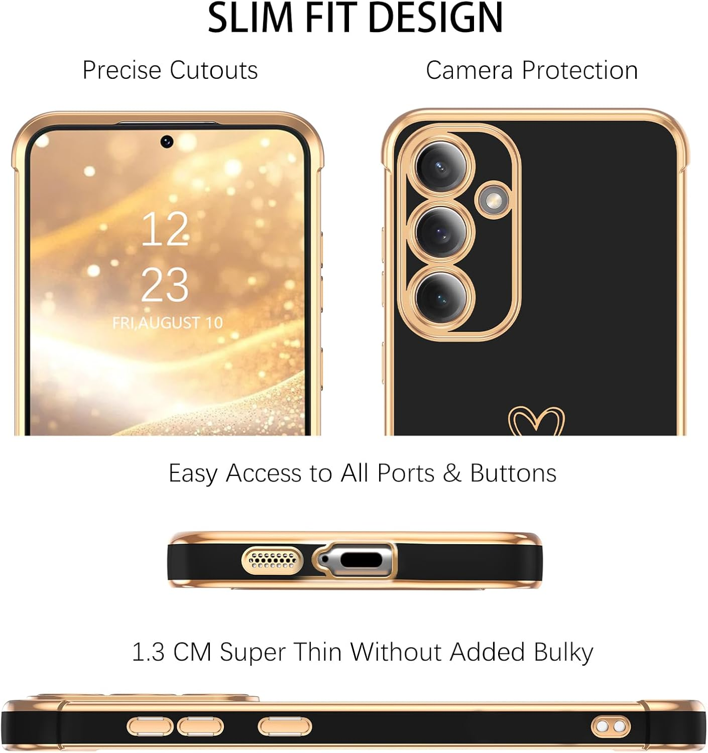 GUAGUA Case for Samsung S25 FE 5G 6.7", Cute Heart Pattern Cases Soft TPU Plating Cover for Women with Camera Protection & 4 Corners Shockproof Protection, Black image number 5