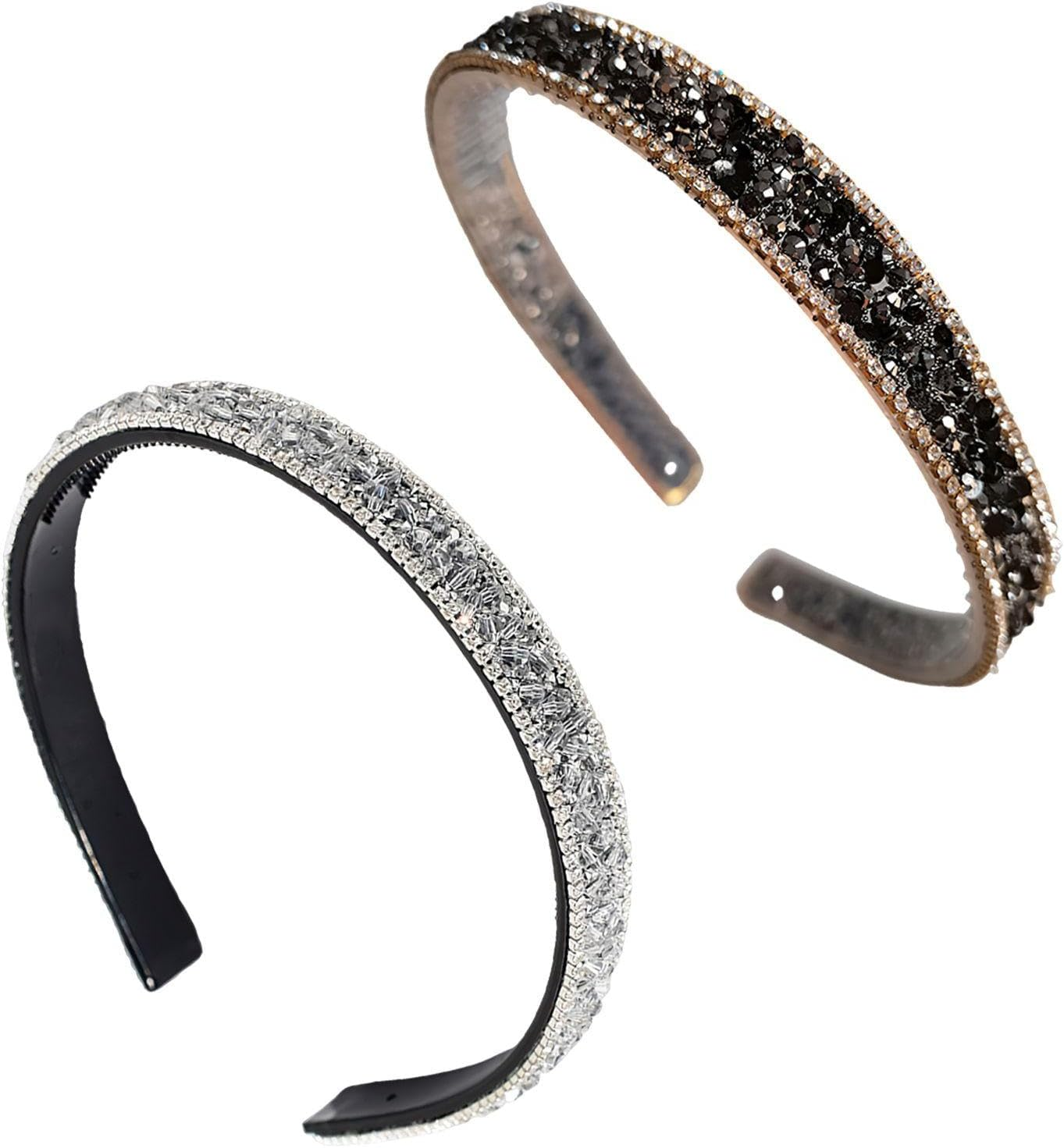 2 Pieces Rhinestone Headbands, Shiny Headbands, Elee Women'S Headbands, Hairstyle Decoration Headbands, Non-Slip Headbands (Silver, Black)
