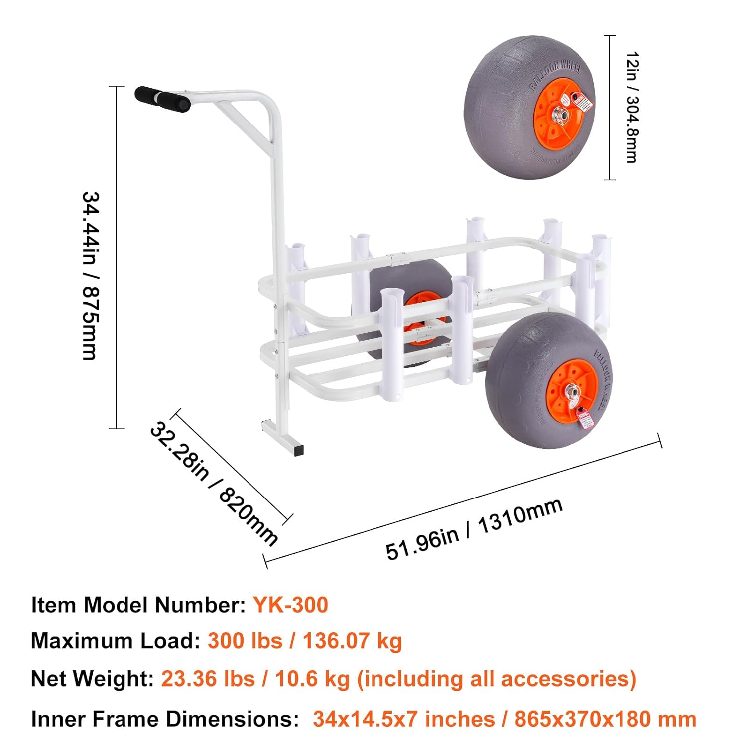 VEVOR Beach Fishing Cart, 136 Kg Load Capacity, Fish and Marine Cart with Two 330 Mm Big Wheels PU Balloon Tires for Sand, Heavy-Duty Aluminum Pier Wagon Trolley with 8 Rod Holders for Fishing, Picnic image number 4