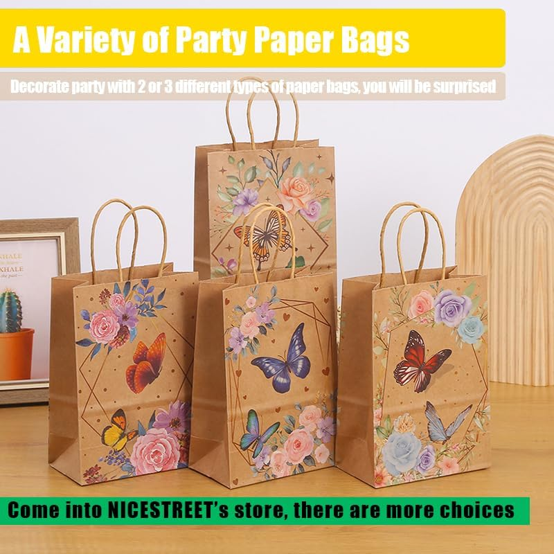 12.6''Large Kraft Gift Bags, 12Pcs Geeric Party Bag Printing Flower, Gift Wrapping Bags with Handles, Candy Treat Bag, Paper Bags Bulk for Wedding,Thanksgiving Day, Flower Pattern Party Supplies (4 STYLES FLOWERS&times;3 15&times;21&times;8Cm) image number 2