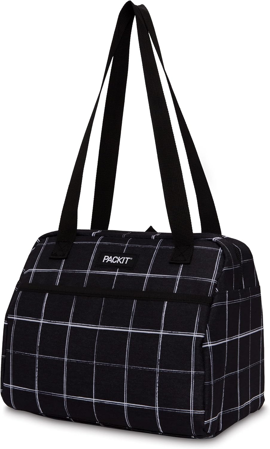 PACKIT Freezable Hampton Tote Bag - Stylish Design Picnic Lunch Cooler Bag for Travel, Cool On-The-Go Convenience - 27X20X22Cm (Black Grid)