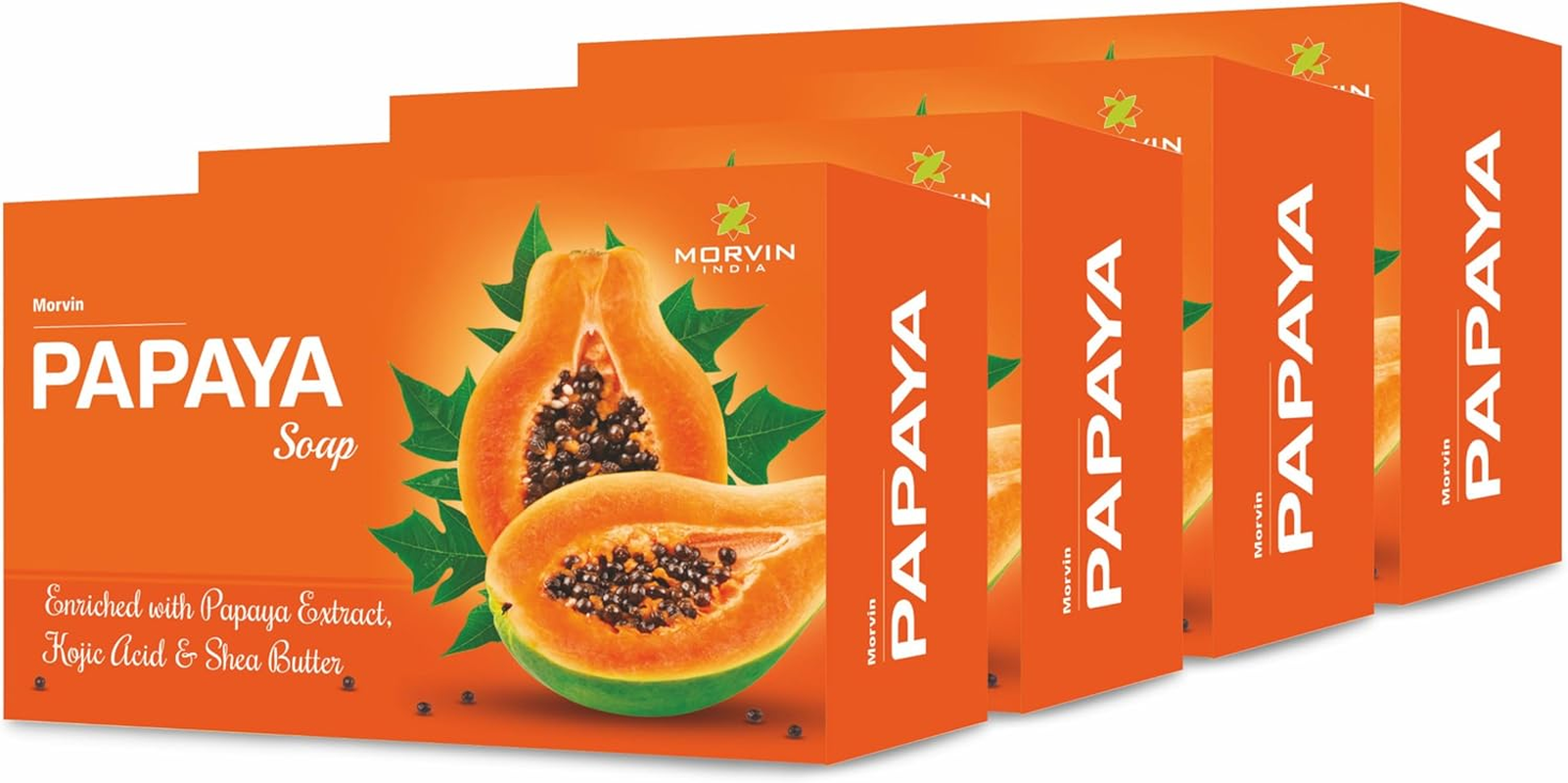 Morvin India Papaya Skin Whitening Soap 75Gm(Pack of 4) for Skin Whitening, Enriched with Papaya Extract, Kojic Acid and Shea Butter image number 3