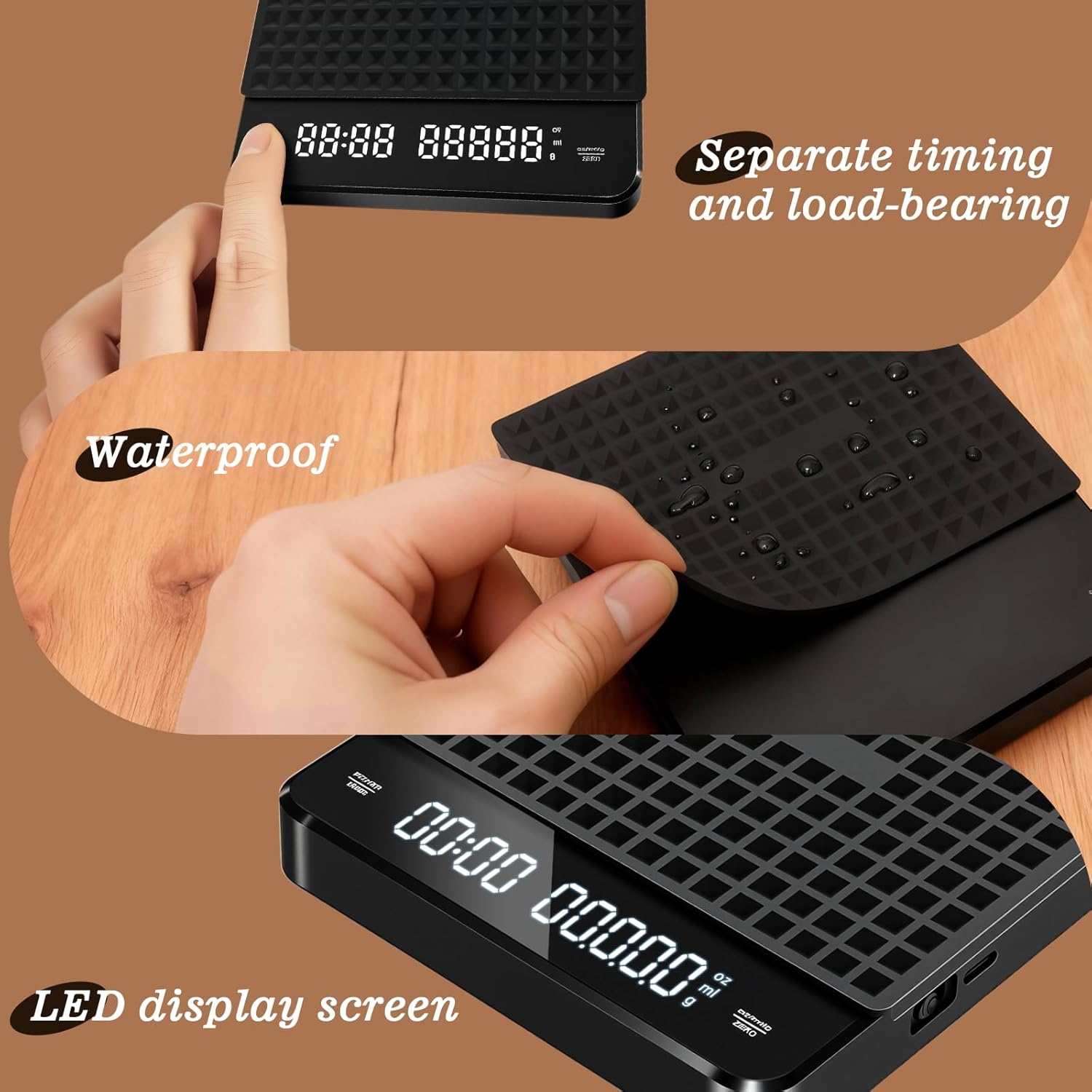 Joywoof Coffee Scale with Timer, 3Kg/0.1G Drip Espresso Scale with Auto Tare High Precision Kitchen Scale, Rechargeable Kitchen Food Scale with Digital LED Display Black image number 4