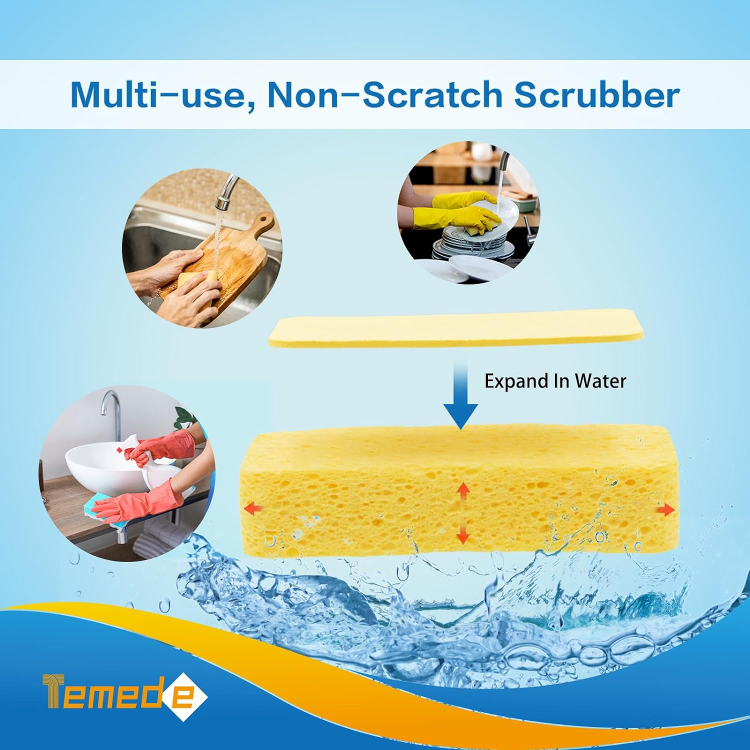 Temede Sponges for Dishes, Large Cellulose Kitchen Sponge, 3.5Cm Thick Heavy Duty Scrub Sponges for Cleaning, Non-Scratch Dish Scrubber Natural Sponge for Household Cleaning, Cookware, Bathroom, 5Pcs image number 5
