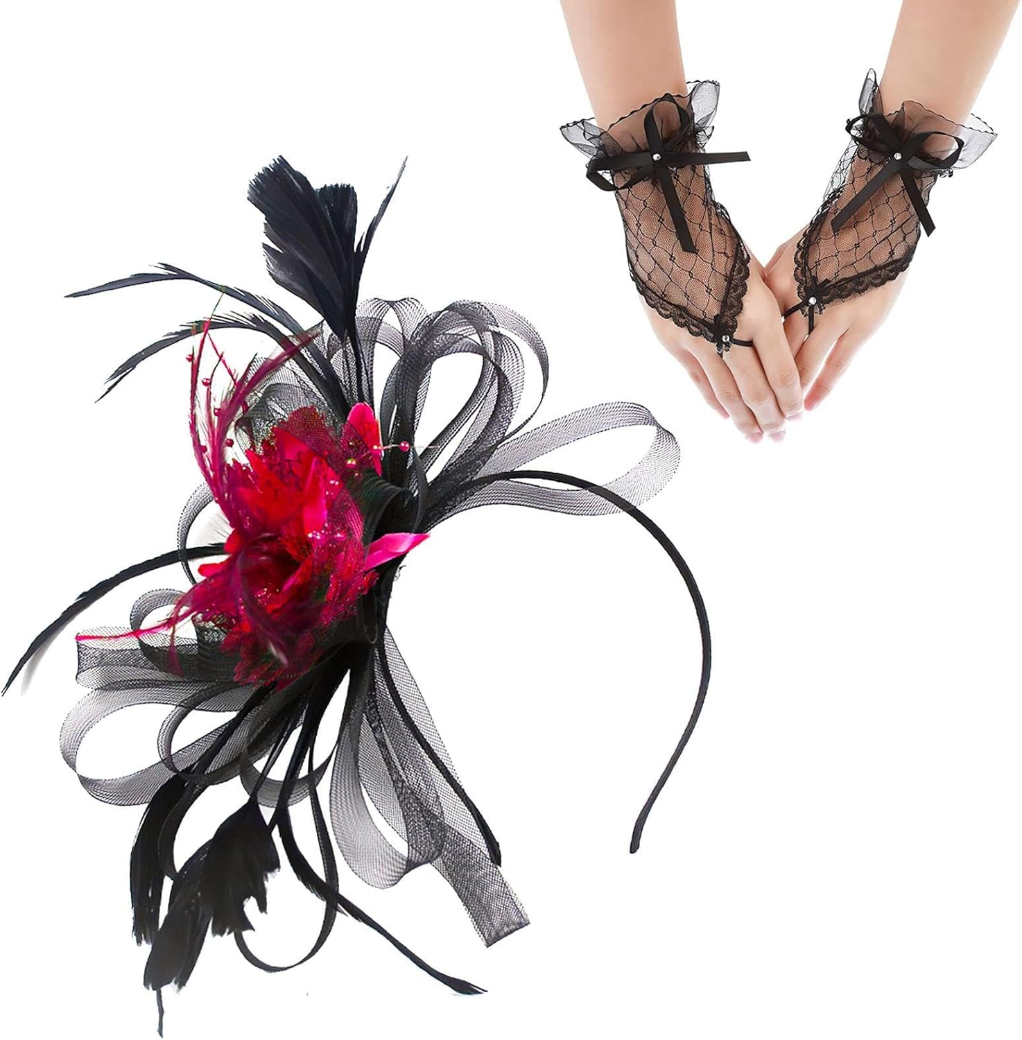 1 X Flower Feather Headband and 1 Pair of Black Gloves, Elee Retro Hair Accessories, Party Clothing Accessories