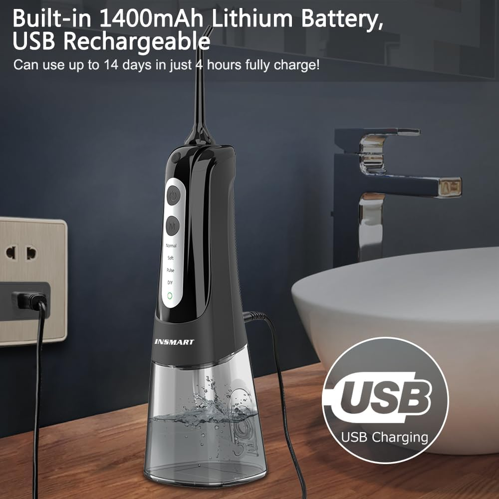 INSMART Water Flosser Cordless Dental Pick for Teeth Clean, Professional Oral Irrigator DIY 4 Modes IPX7 Waterproof 300ML Tank USB Rechargeable, Irrigate Jet for Plaque Removal Oral Gums Care - Black image number 2