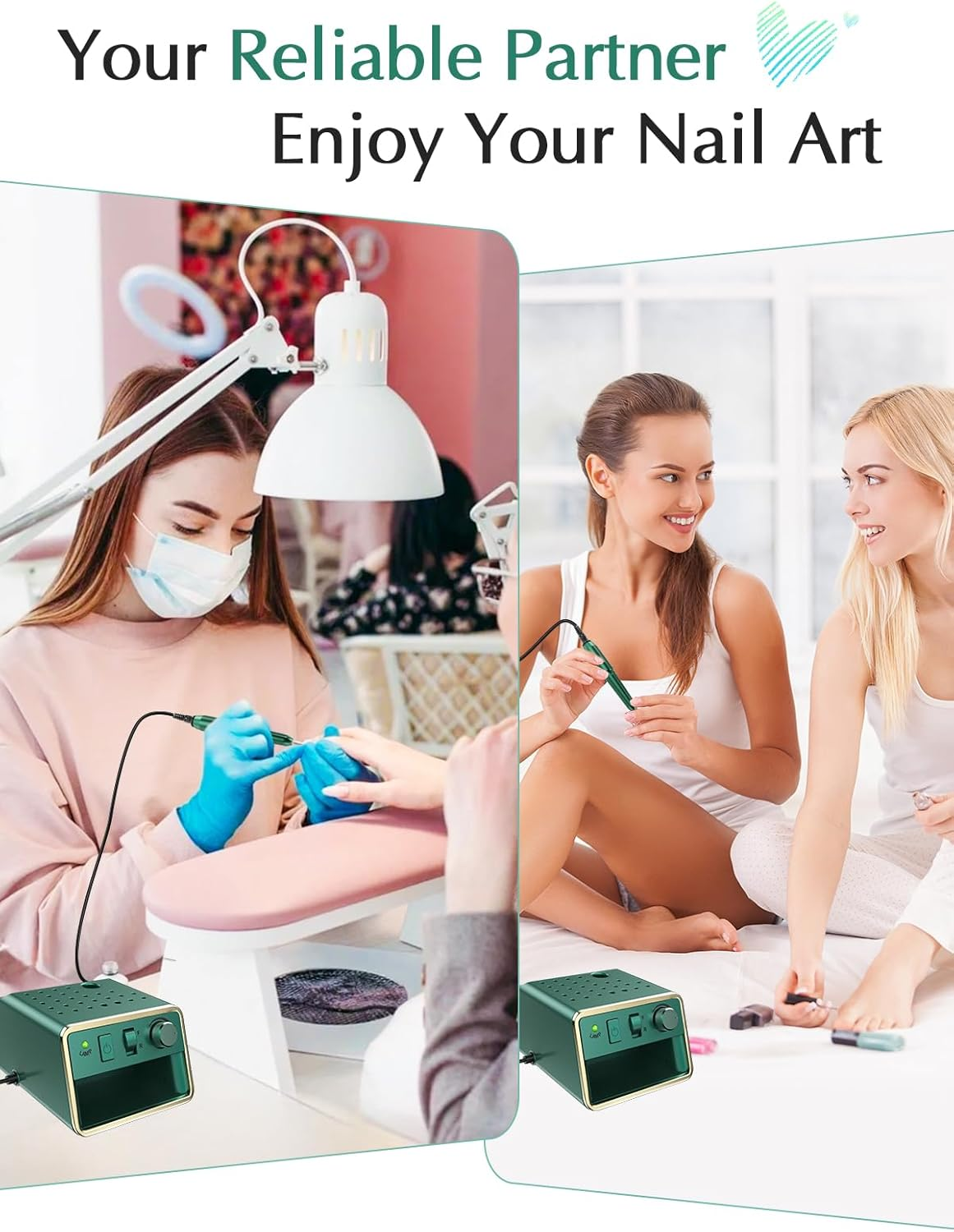 Beloving Nail Drill Machine, 20000 RPM Electric Nail Drill for Acrylic Gel Nails, Portable Professional Electric Nail File Tools with 100PCS Sanding Bands and 6 Nail Drill Bits - Green image number 1