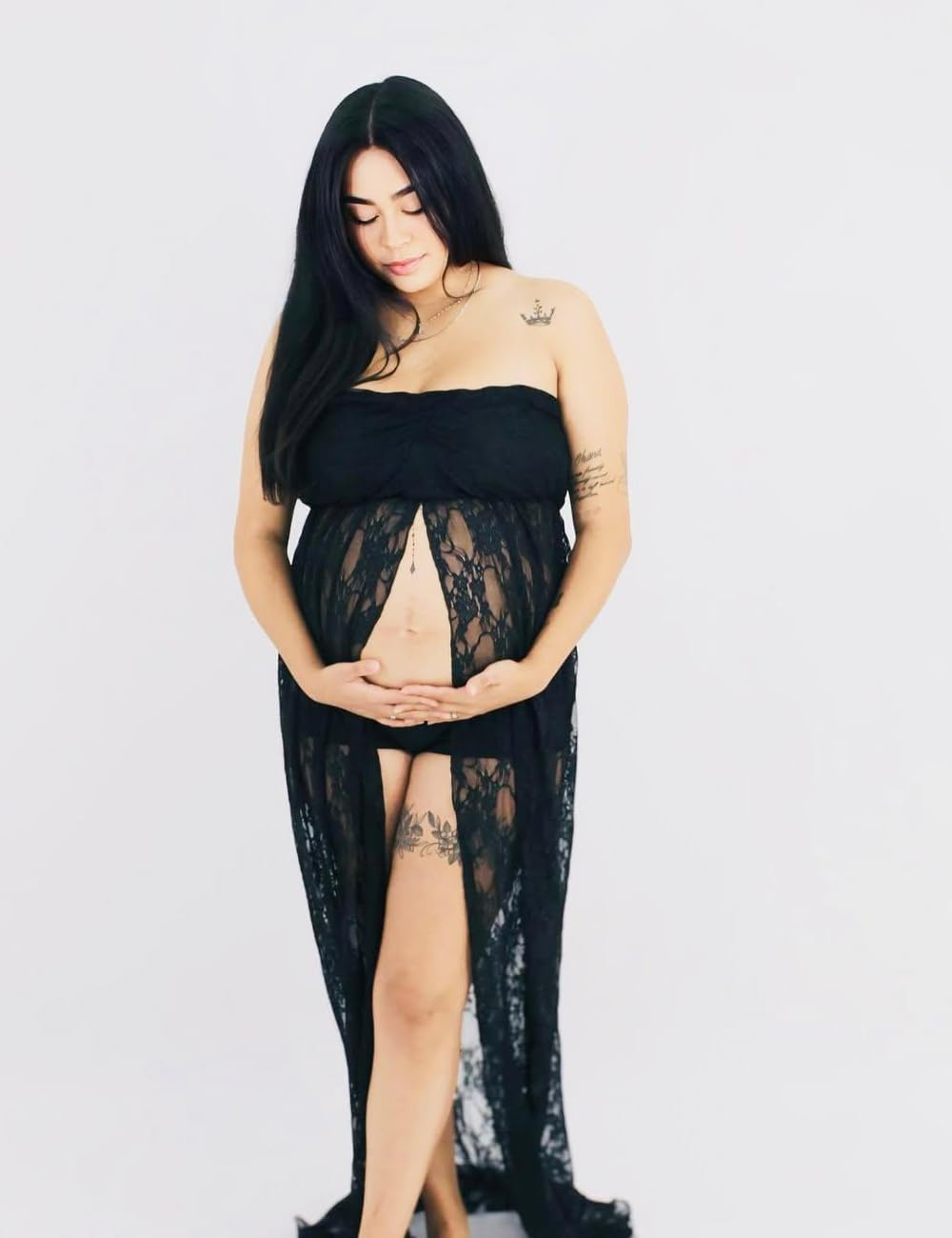 VSNOW Maternity off Shoulder Lace Photography Dress Front Split Sleeveless Maxi Chiffon Gown for Photoshoot image number 5