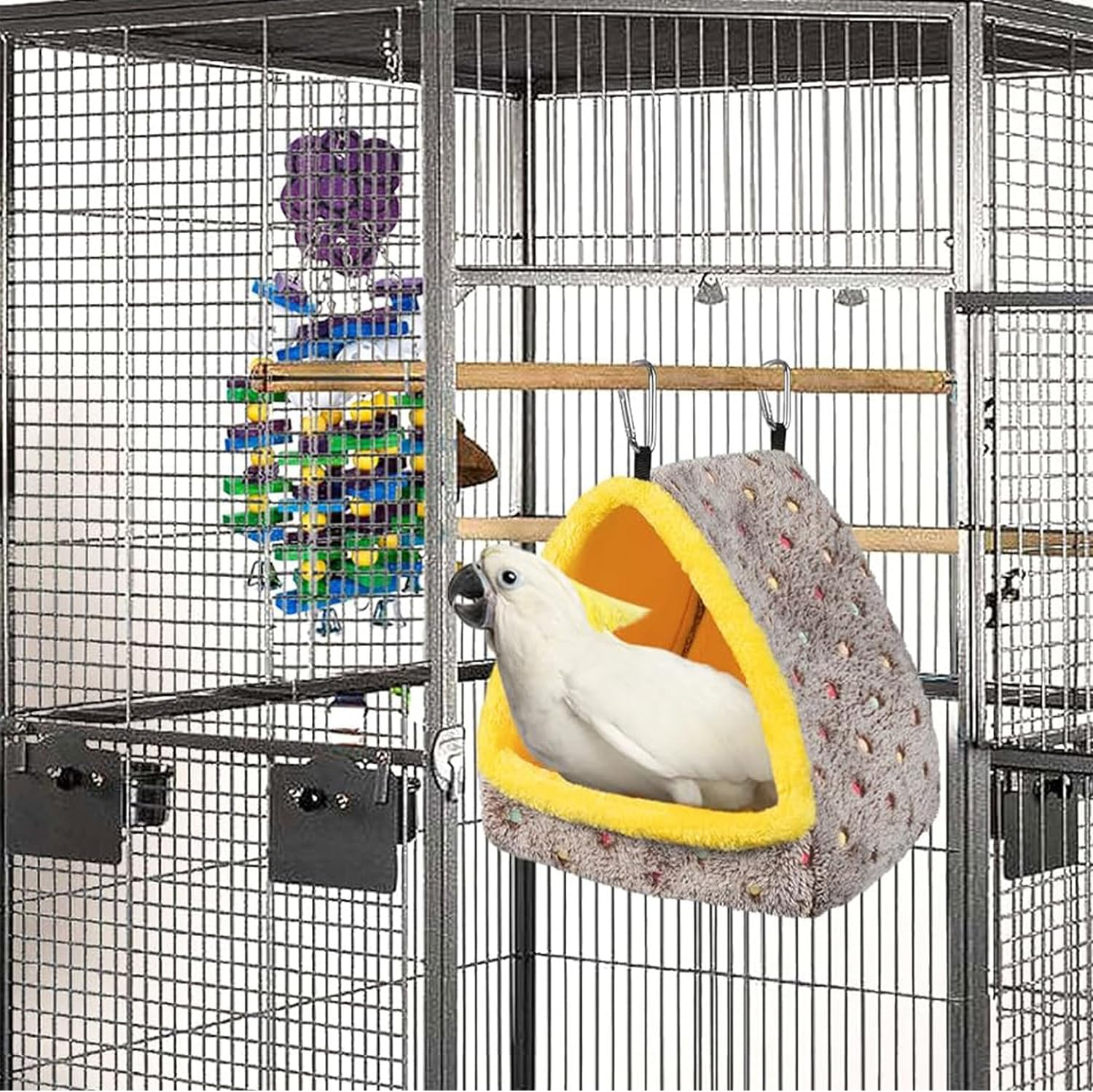 Taicols Bird Bed Parrot Nest Triangular Plush Winter Autumn Bird Hut Thermal Hanging Nest Sleeping Resting Bed for Medium and Large Parrots,Large Warm House, Cozy for Cage image number 2