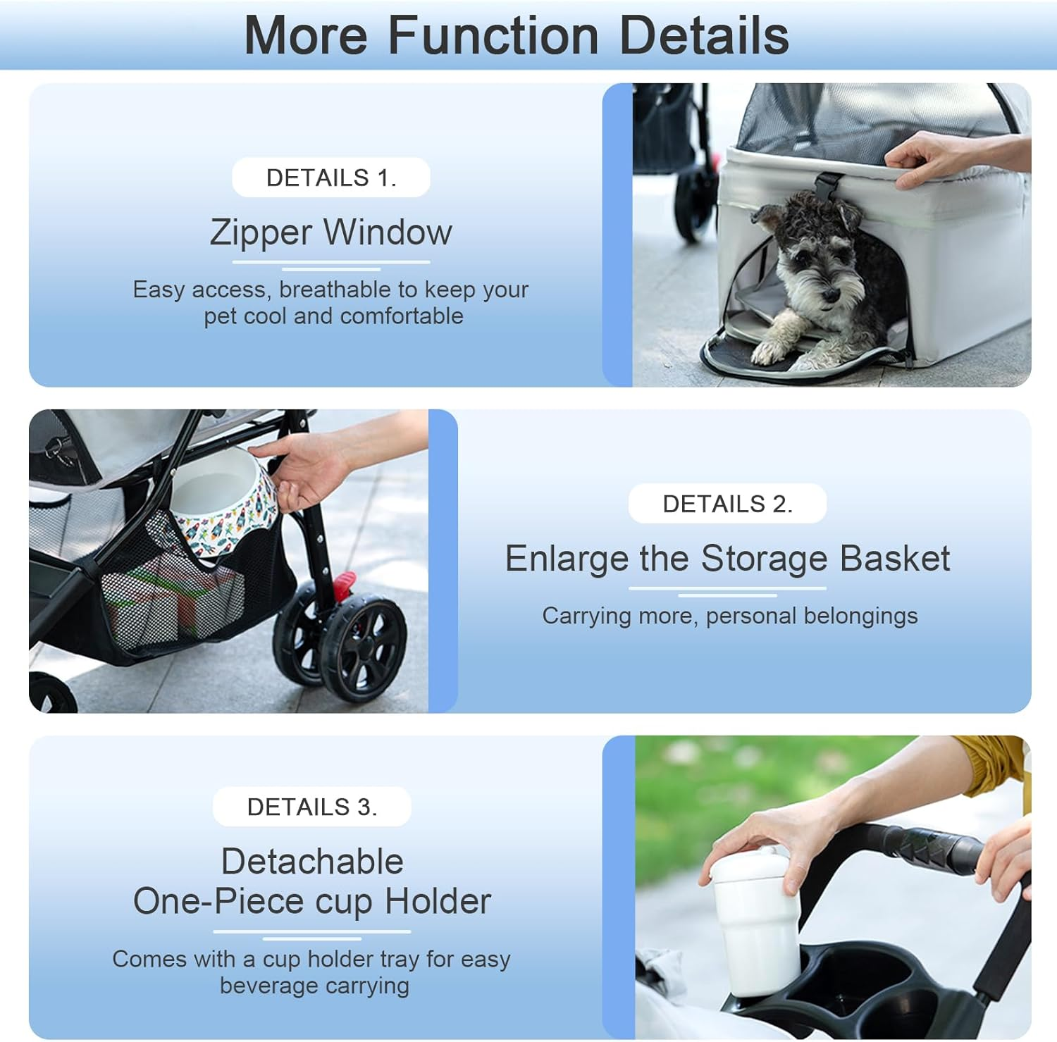Pet Stroller with Wheels, Dog Stroller for Small Medium Dogs Cats, Portable Cat Stroller with Detachable Carrier, Foldable Dog Cat Jogger Stroller, Large Pet Travel Carrier with Cup Holder (Grey) - Grey image number 4