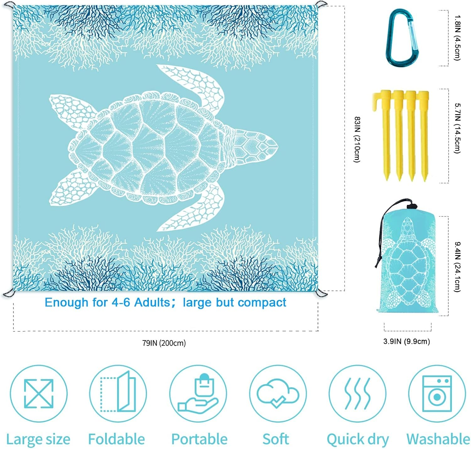 Beach Blanket Sandproof Large Beach Mat 4-6 Adults Oversized Lightweight Sand Free Beach Mat Waterproof Beach Blanket Portable Camping Blankets for Travel, Camping, Hiking (Sky Blue, 200 * 200Cm) image number 1