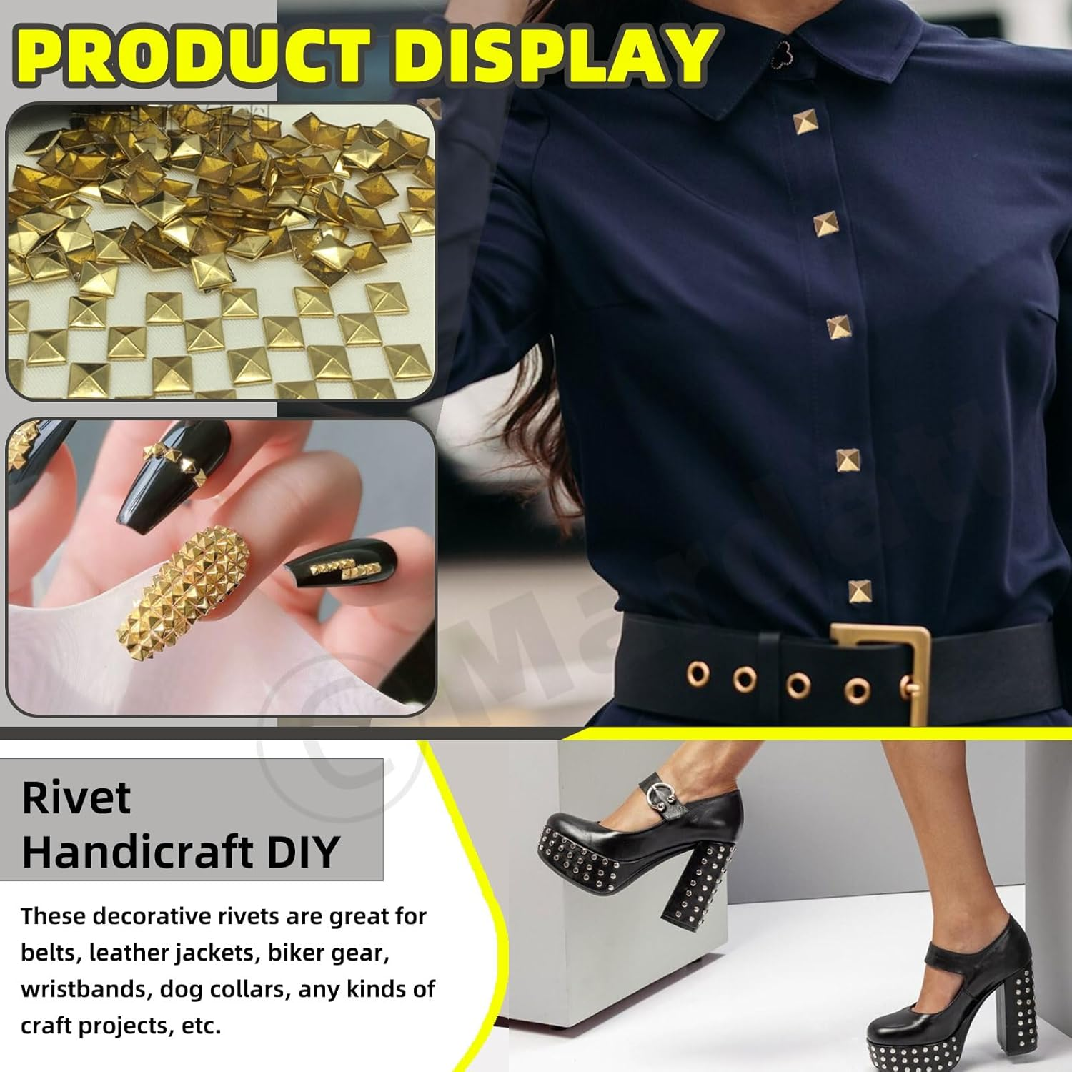 Mardatt 150Pcs 6 Sizes Gold Spike Rivet Pyramid Rapid Rivet Studs, 6Mm 7Mm 8Mm 9Mm 10Mm 12Mm Square Punk Spikes Pyramid Rapid Rivet Studs Nail Heads for DIY Leather Craft Decoration(Gold） - Gun Color image number 5