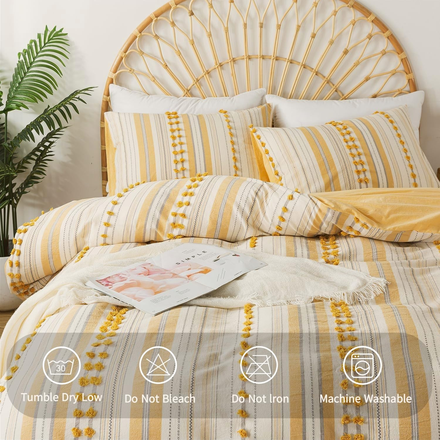 La Sheer Washed Cotton Queen Size Duvet Cover Set - Tufted Dots Boho Chic Bedding for All Seasons, Striped Pom Pom Bedding Linen like Textured Breathable Durable Soft Comfy (Yellow, 90X90'') image number 2