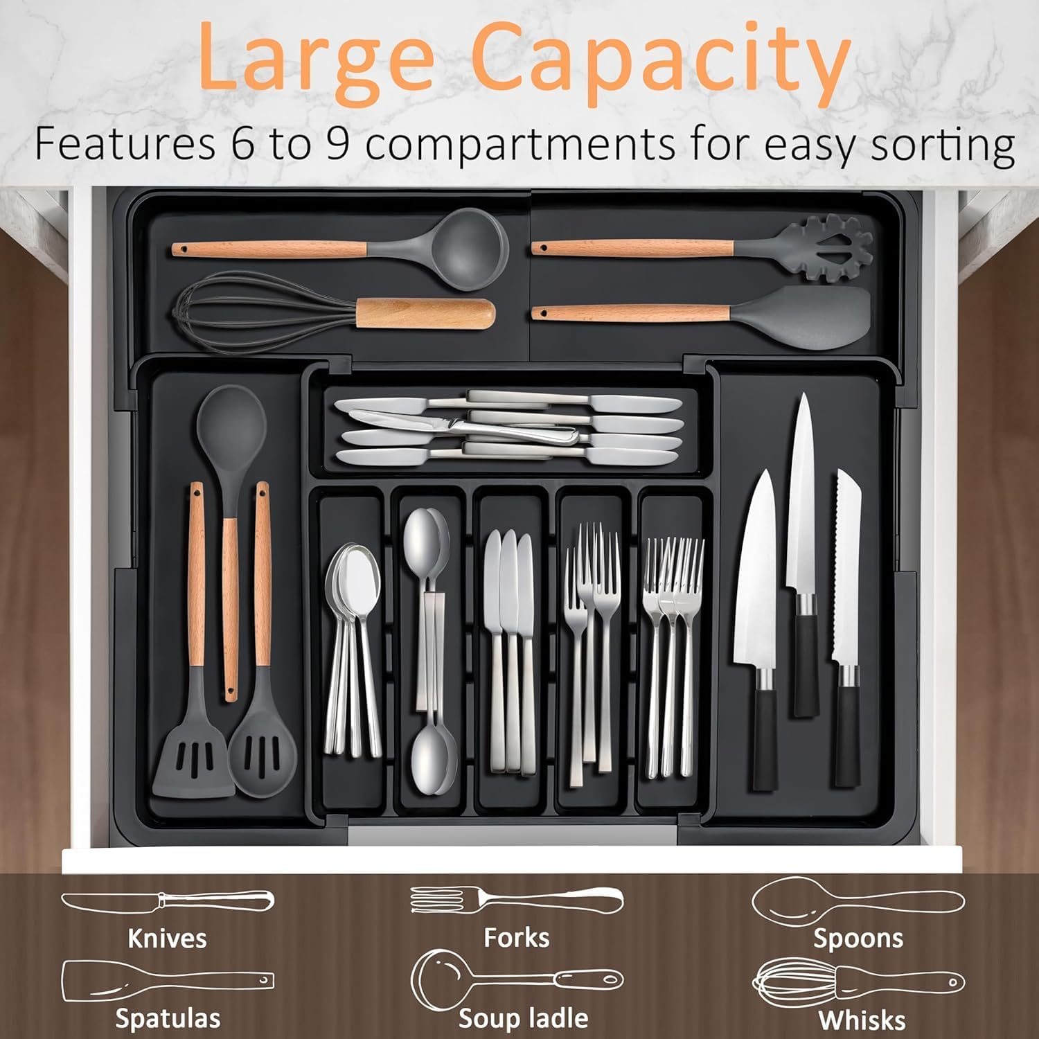 Cutlery Drawer Organiser with 9 Compartments, 3-Sided Expandable Kitchen Drawer Organiser, Non-Slip,Large for Spoons, Forks and Knives (Black) - Black image number 3
