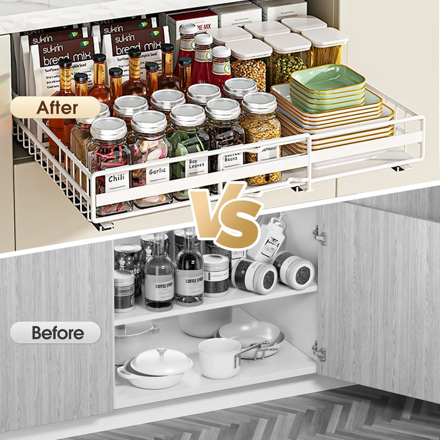 Pull Out Drawers for Cabinets, Extendable Slide Out Drawers Kitchen, Living Room, Home, Adhesive Pull Out Drawers for Cabinets, Expandable 12.2-20.7In, 16 in Deep (2 Pack) image number 1