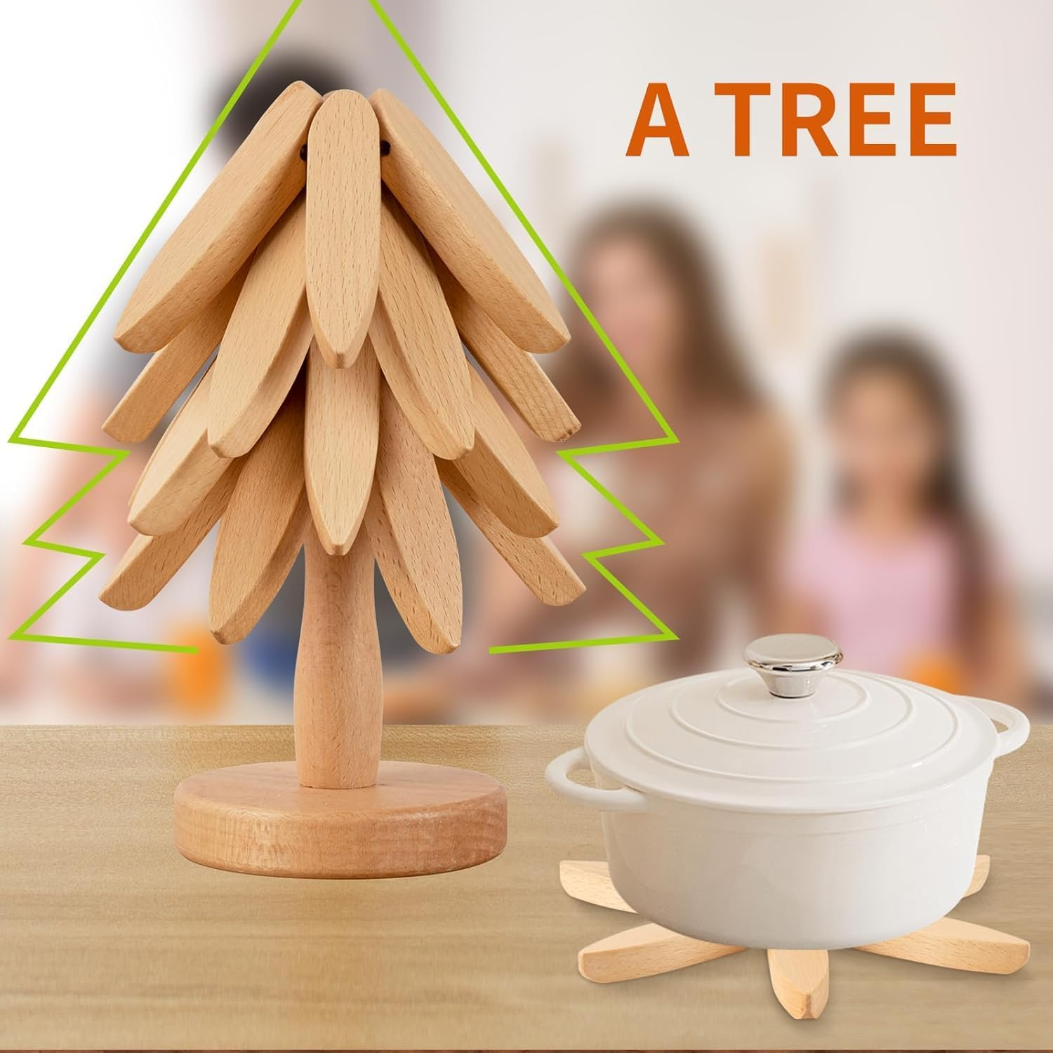 Wooden Trivets for Hot Dishes,Tree Shape Trivet Set,Natural Foldable Kitchen Wooden Trivet,For Hot Dishes、Pot、Bowl、Teapot、Hot Pot Holders (Beech) image number 5