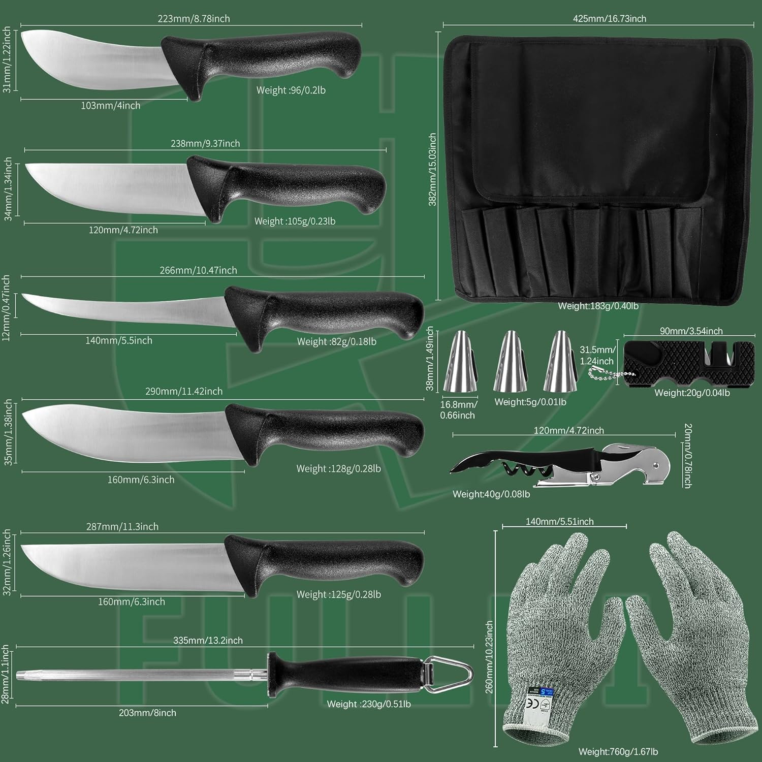 FULLHI 11PCS Butcher Knife Set, Non-Slip Butcher Boning Knife German Stainless Steel Chef Knife Set,Meat Processing Set for Home Kitchen,Slaughterhouse and Restaurant image number 2