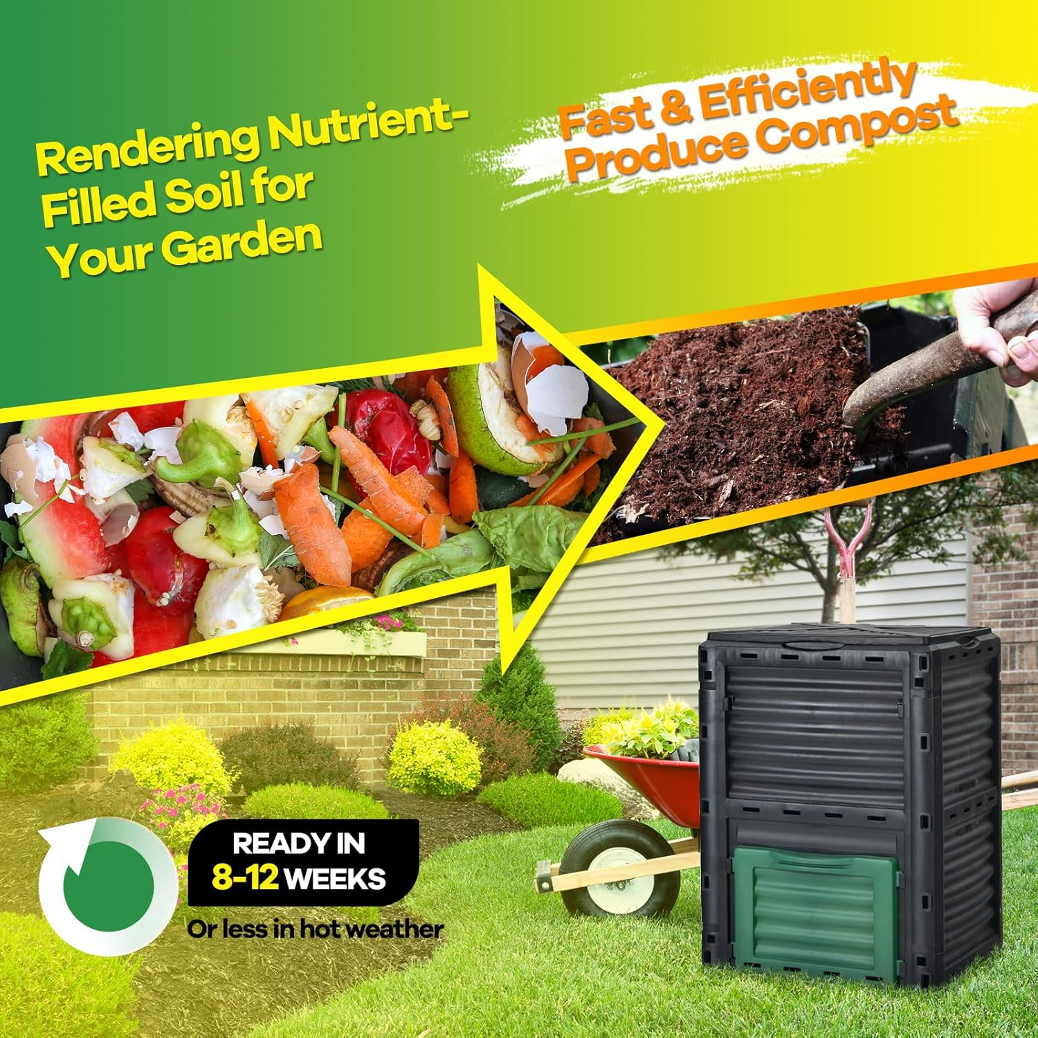 Costway Outdoor Compost Bin 300L for Kitchen Waste & Garden Scraps, Fast Creation of Fertile Soil Aerating Box W/Top Flip Door & Latch-On Lid, Bpa-Free & All-Season Garden Composter (Black + Green) image number 5