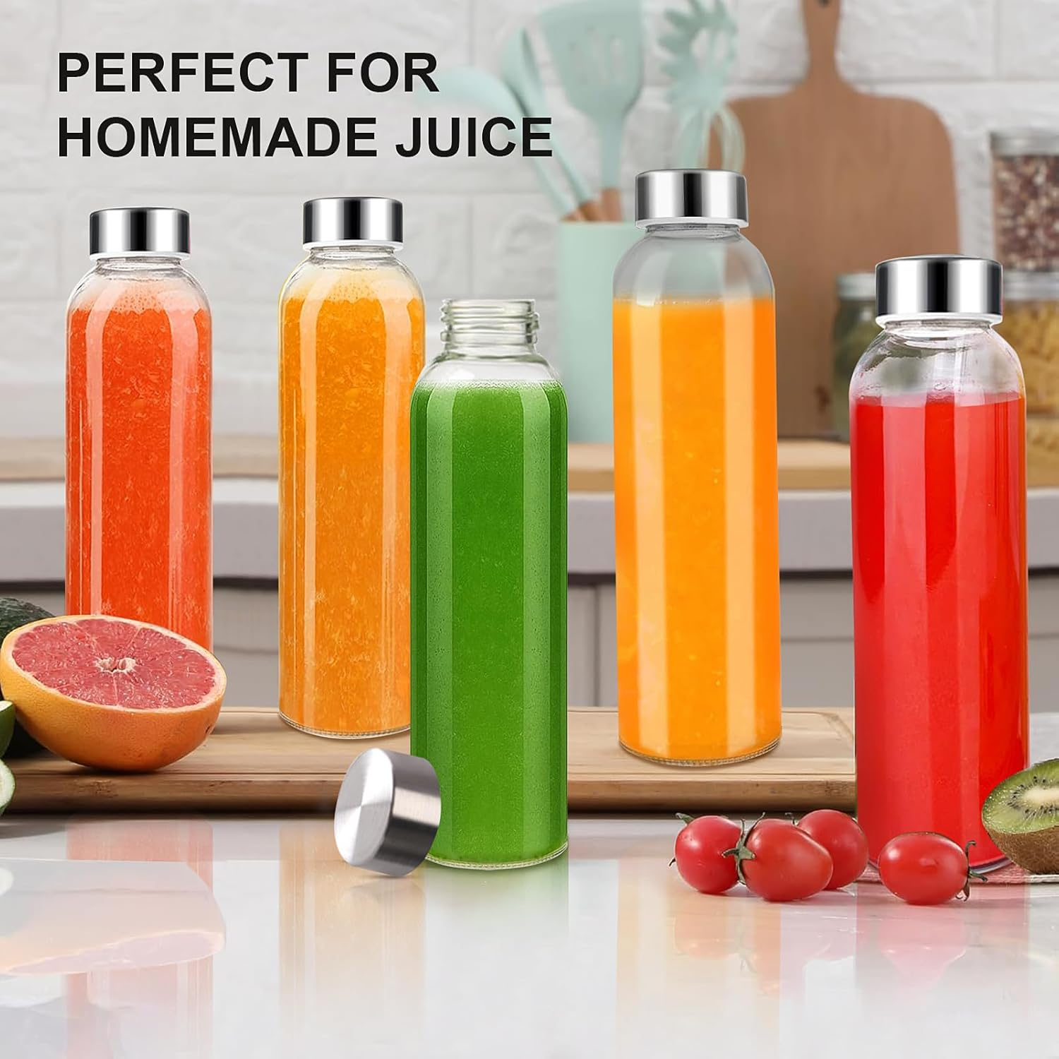 Acesvuit Glass Juice Bottles with Lids, 16Oz Glass Water Bottles, Juice Bottles for Juicing, Smoothies, Infused Water, Beverage Storage,With Stainless Steel Airtight Cap for Refrigerator (6Pcs) image number 2